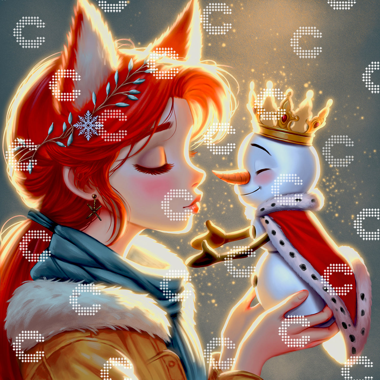 Diamond Painting Originalbild mit einem Mädchen mit roten Haaren und Fuchsohren, das einen Schal und einen Wintermantel trägt und einen kleinen Schneemann mit Krone und rotem Umhang in den Händen hält, während sich beide zu einem Kuss nähern