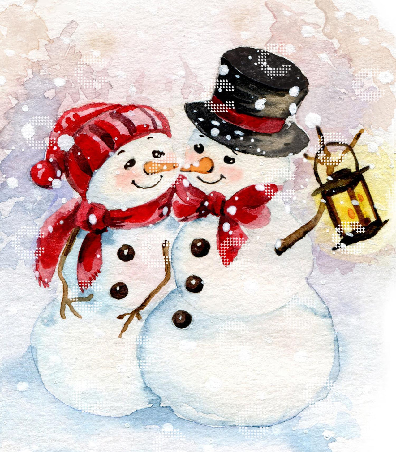 Diamond Painting Original-Kunstwerk Schneemann und Schneefrau beim gemeinsamen Spaziergang durch verschneite Winterlandschaft mit Laterne und Schneeflocken