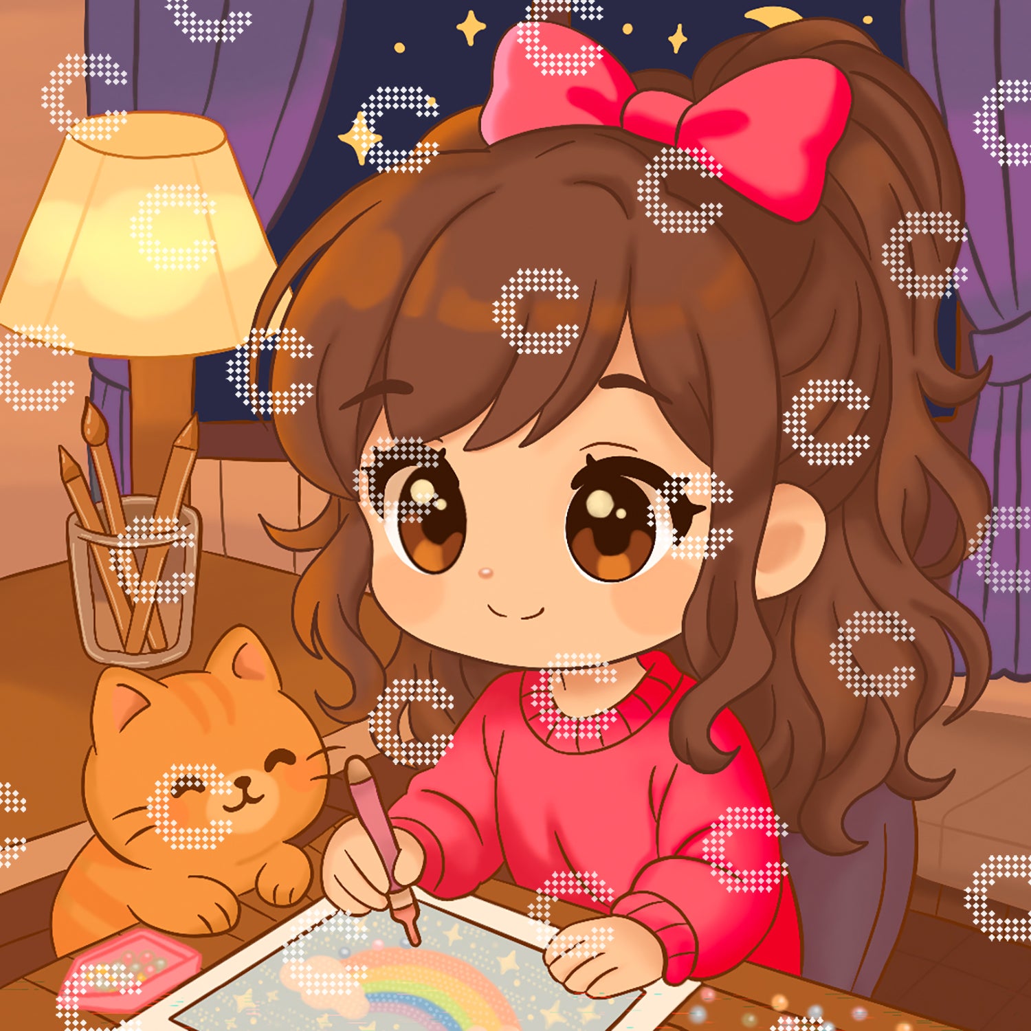 Diamond Painting mit einem dunkelhaarigen Mädchen mit rotem Pulli und roter Schleife im Haar, das gemeinsam mit ihrer Katze in ihrem gemütlichen Wohnzimmer Diamond Painting macht