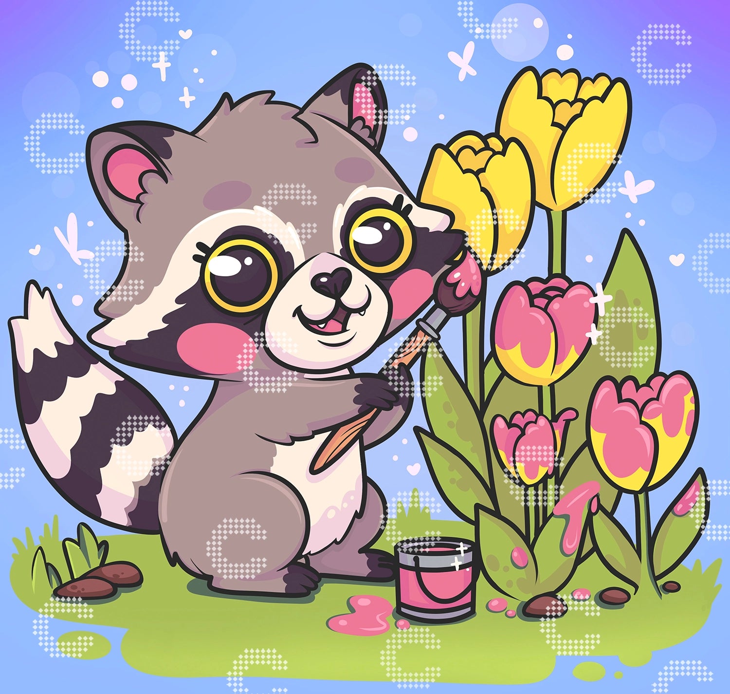 Diamond Painting kleiner Waschbär mit Pinsel beim Bemalen von rosa Tulpen umgeben von Schmetterlingen