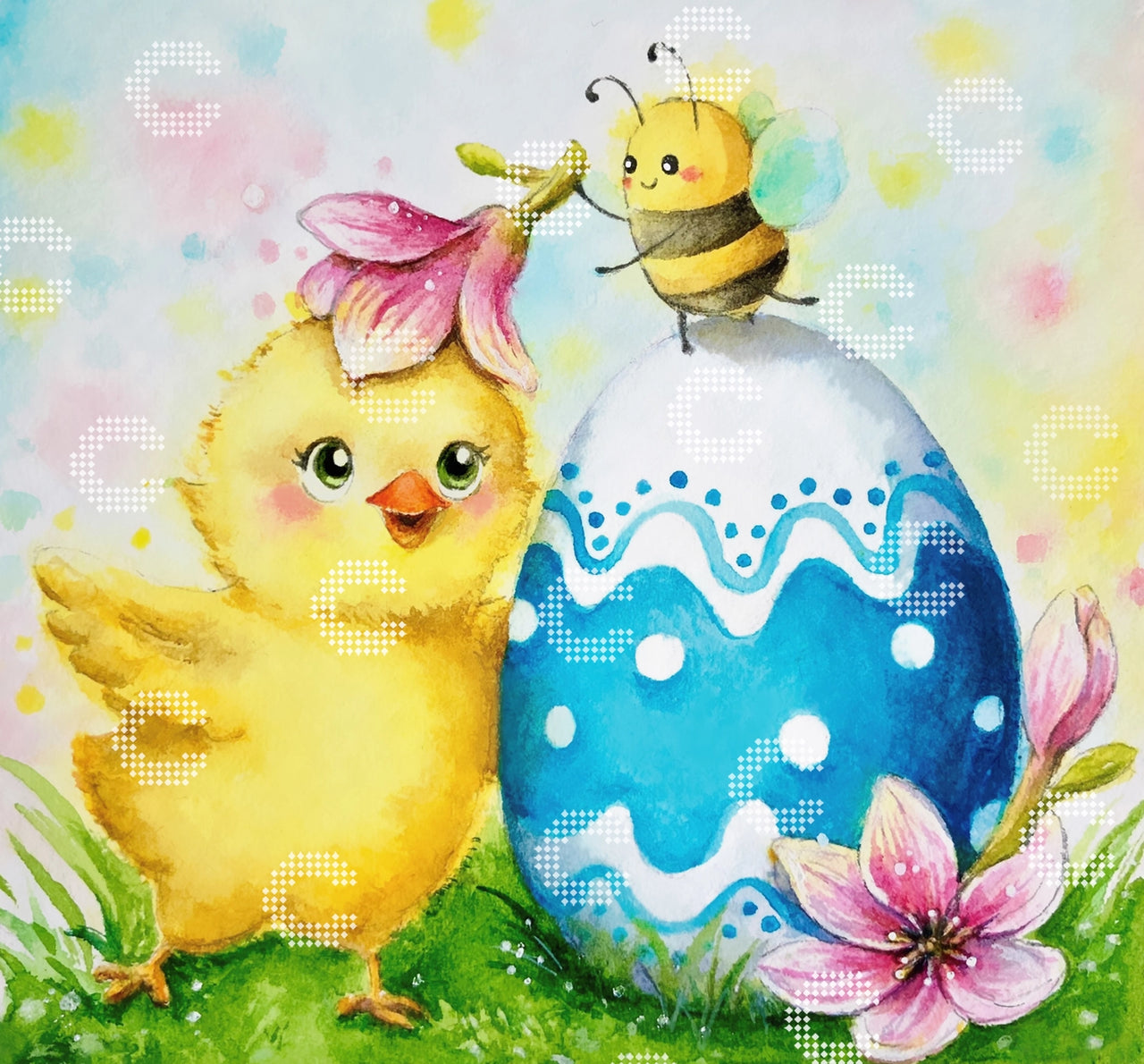 Diamond Painting fröhliches Küken mit summender Biene, bunt bemaltem Osterei und Frühlingsblumen in einer farbenfrohen Frühlingslandschaft