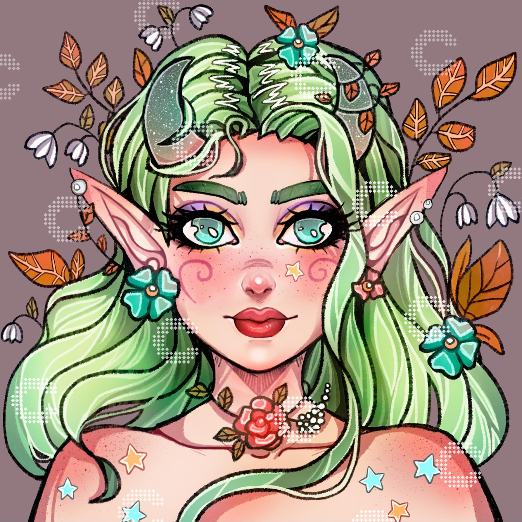 Diamond Painting Elfenportrait mit grünem Haar, Blumen und Blättern als naturverbundenes Fantasy Motiv