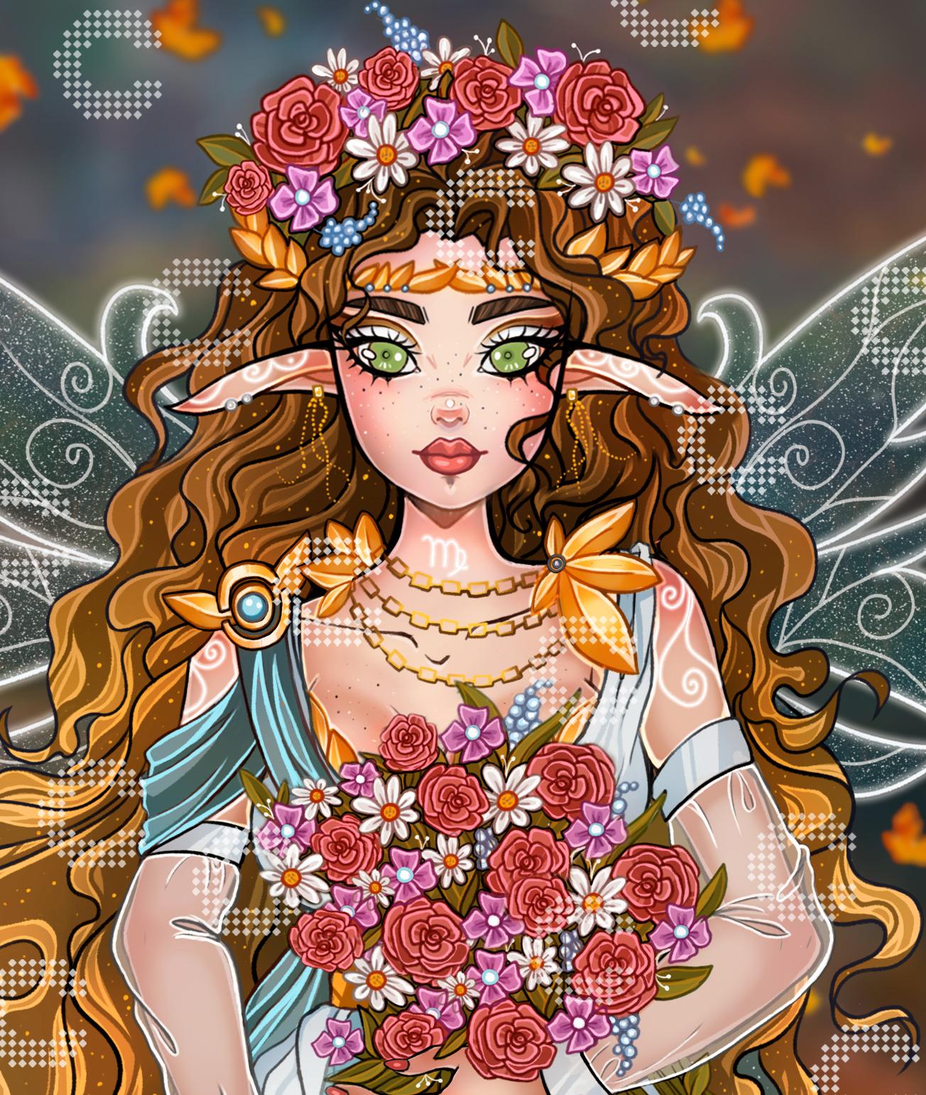 Diamond Painting Sternzeichen Fee mit Feenflügeln, spitzen Ohren, Blumenkranz und Blumen im Arm