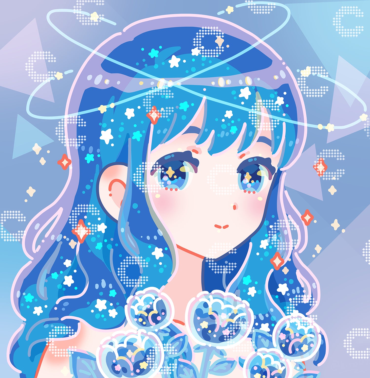 Diamond Painting Mädchen mit galaktisch blauen Haaren, Sternen und Blumen in Pastelltönen von Hiroko