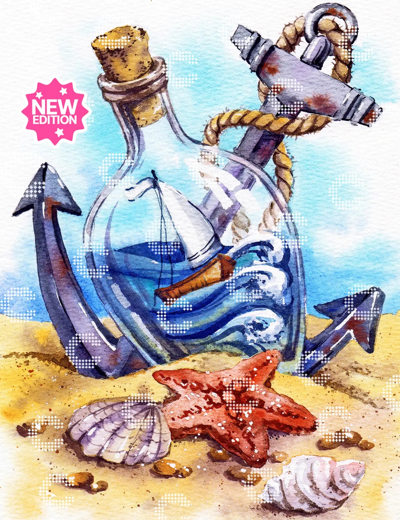 Diamond Painting Originalbild mit einem Flaschenschiff am Strand, begleitet von einem rostigen Anker, Muscheln und einem Seestern von Anna Petunova