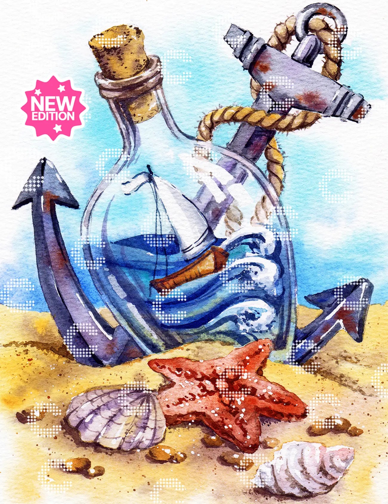 Diamond Painting Originalbild mit einem Flaschenschiff am Strand, begleitet von einem rostigen Anker, Muscheln und einem Seestern von Anna Petunova