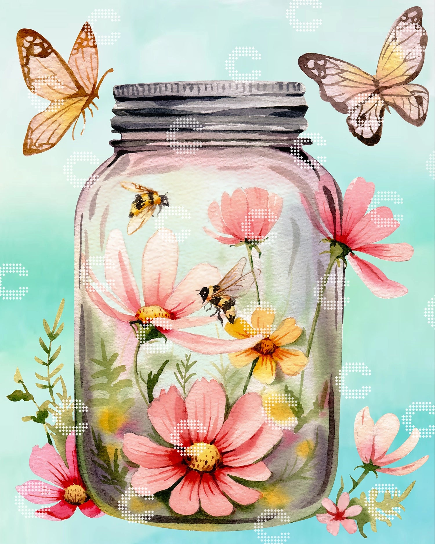 Diamond Painting Einmachglas mit bunten Blumen, Bienen und Schmetterlingen im sommerlichen Garten