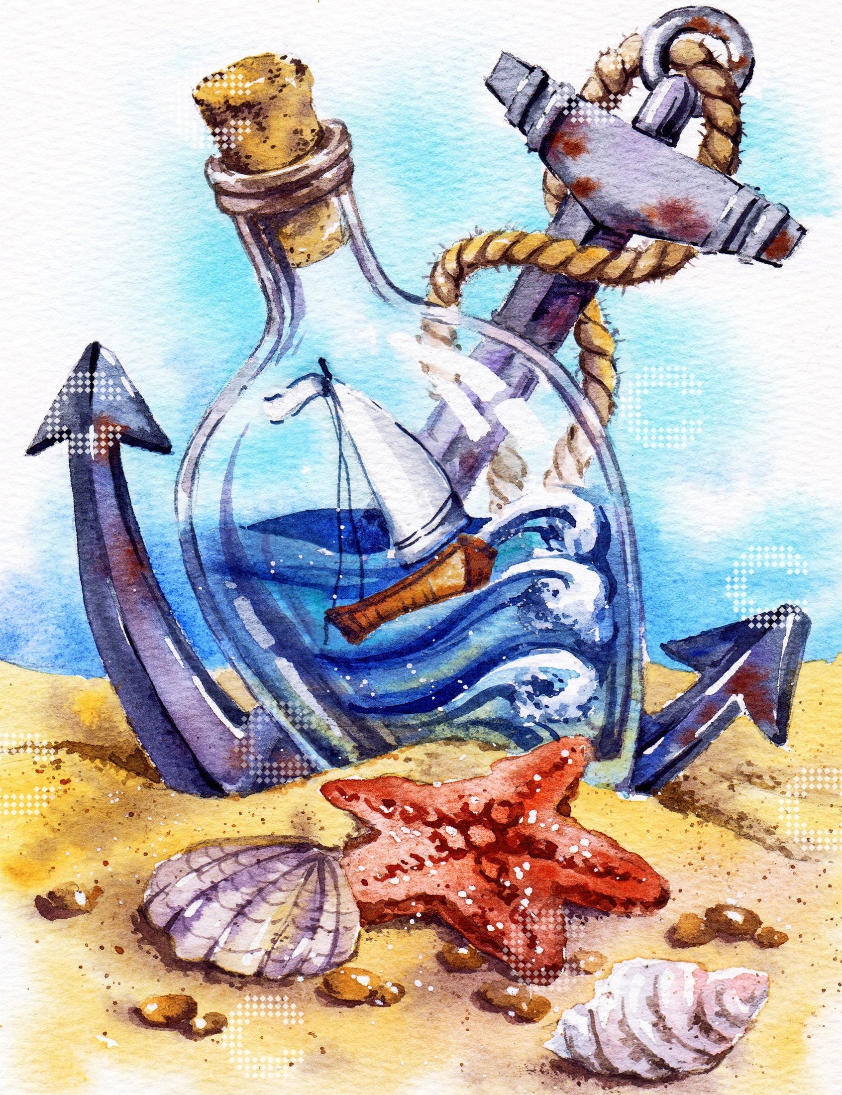 Diamond Painting mit einem Flaschenschiff am Strand, begleitet von einem rostigen Anker, Muscheln und einem Seestern von Anna Petunova