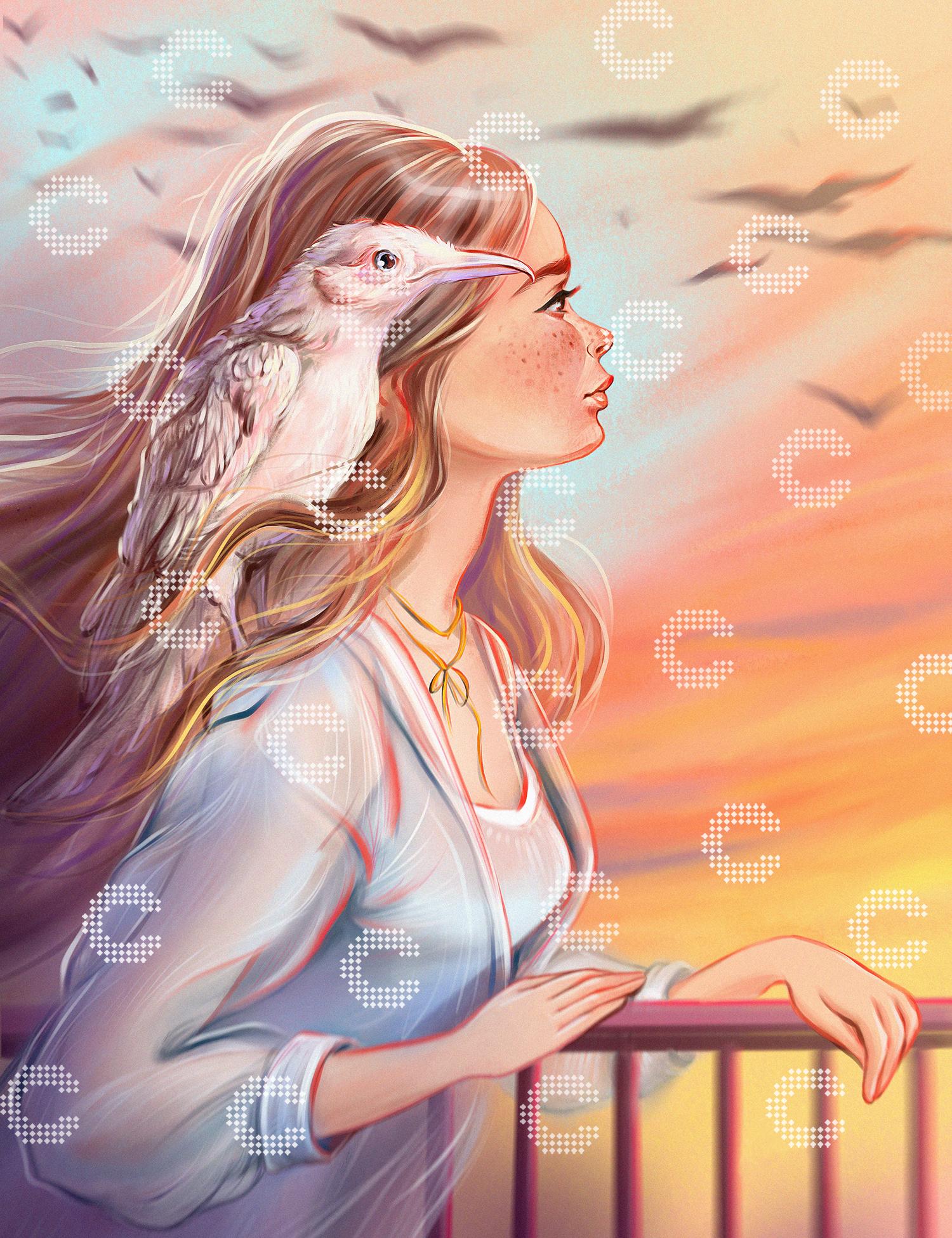 Diamond Painting einer Frau mit wehendem Haar in der Abenddämmerung, ein weißer Vogel sitzt auf ihrer Schulter, während Vogel-Silhouetten vor einem Himmel in leuchtenden Purpur- und Goldtönen vorbeiziehen