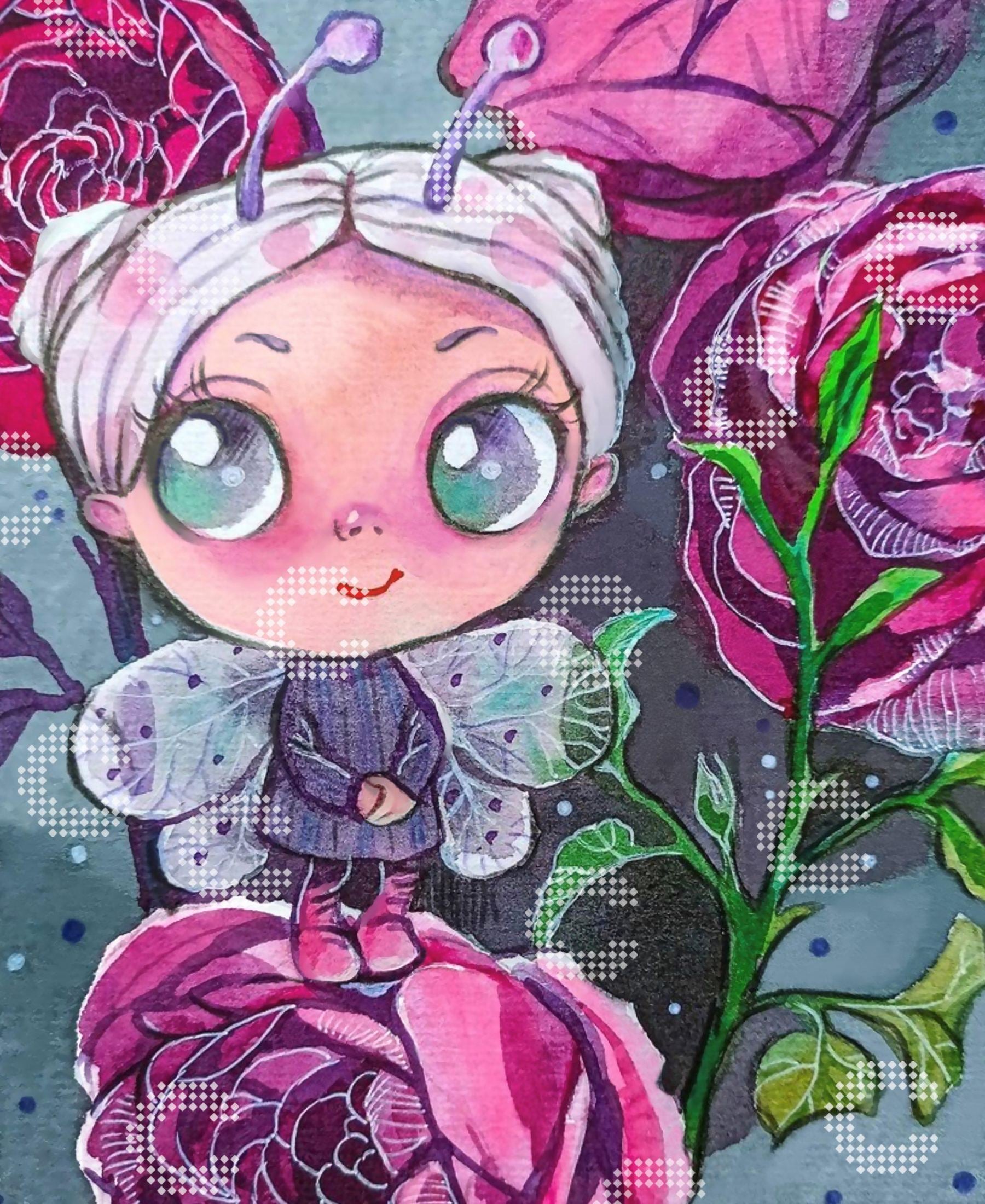 Diamond Painting kleine Fee mit Flügeln auf großen pinken Rosen in einem zauberhaften Blumenmotiv