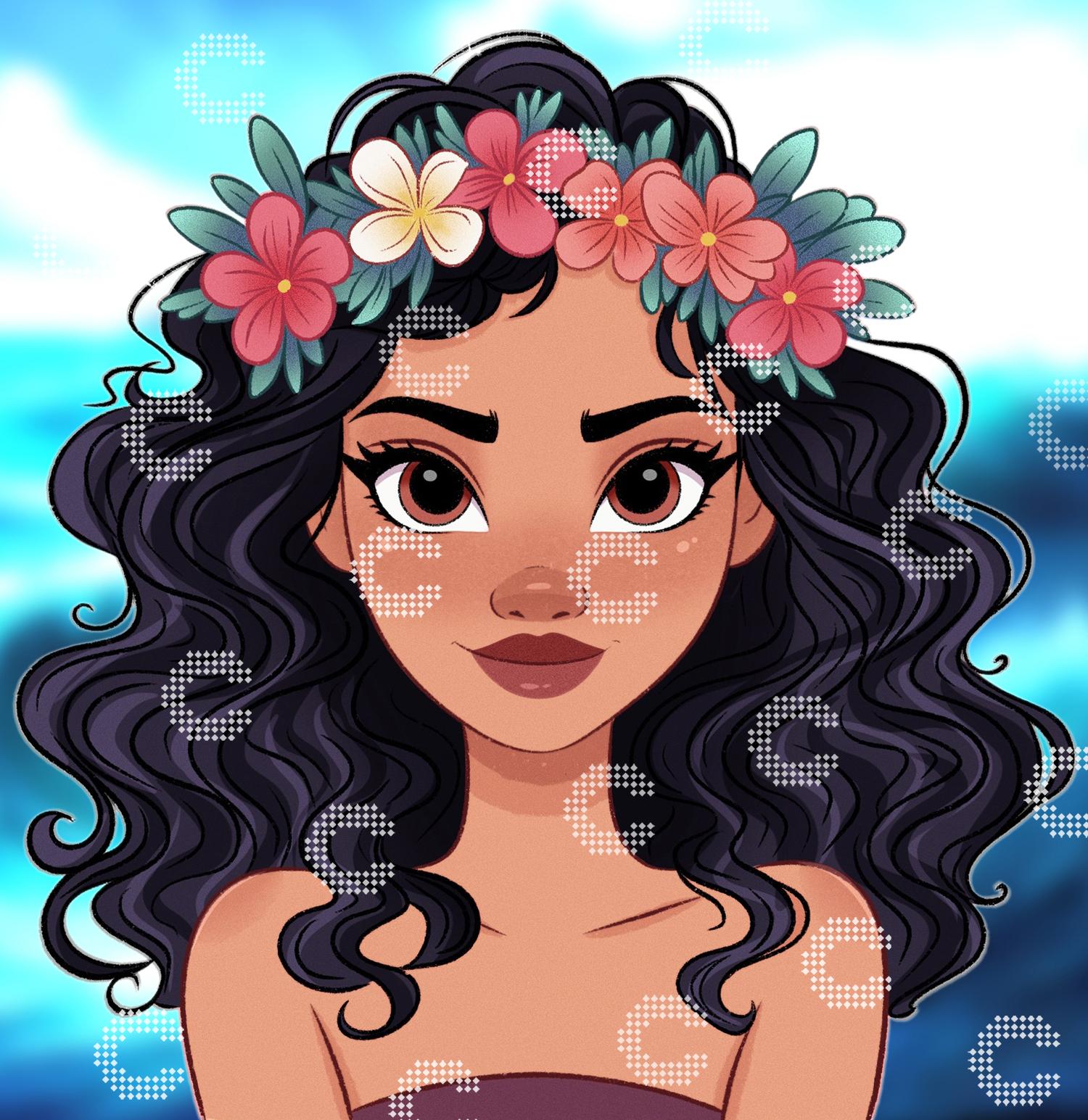Diamond Painting exotische Schönheit mit tropischen Blumen im Haar und Ozean Hintergrund als detailreiches Portrait