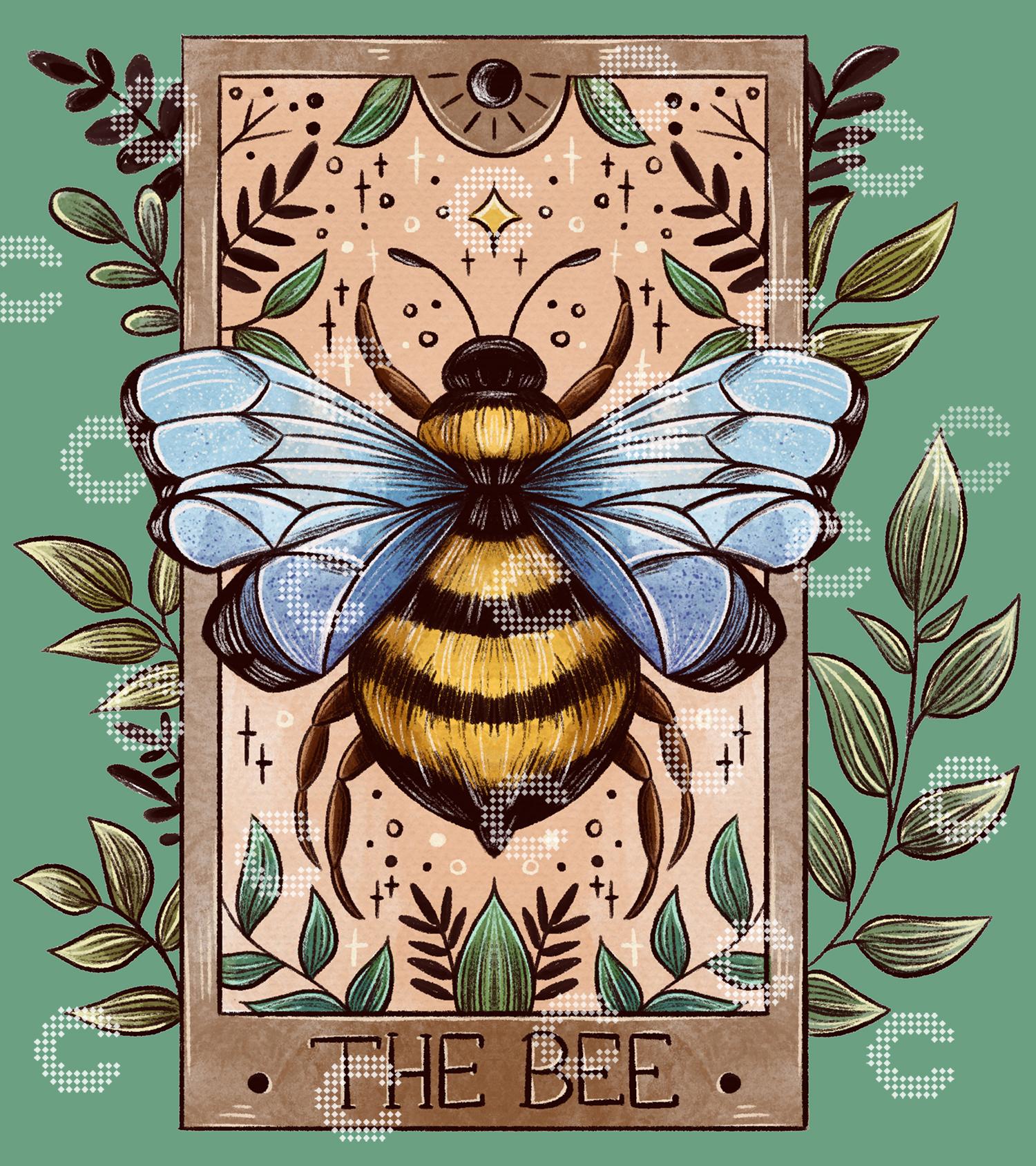 Diamond Painting Biene auf einer mystischen Tarot Karte mit Blättern und geheimnisvollen Symbolen als Fantasy Motiv