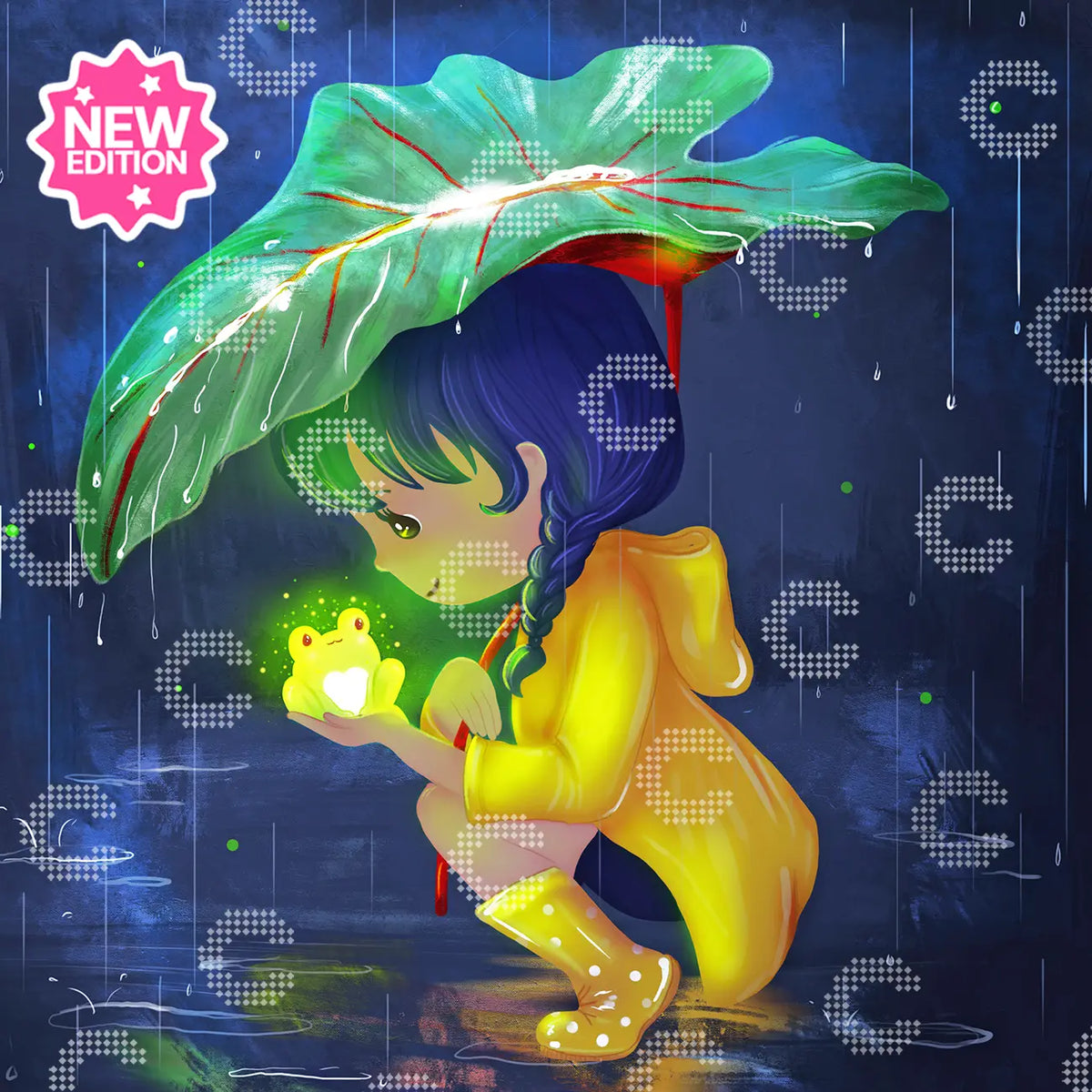 Diamond Painting kleines Mädchen im gelben Regenmantel mit leuchtendem Frosch unter einem großen Blatte als Schirm im nächtlichen Regen