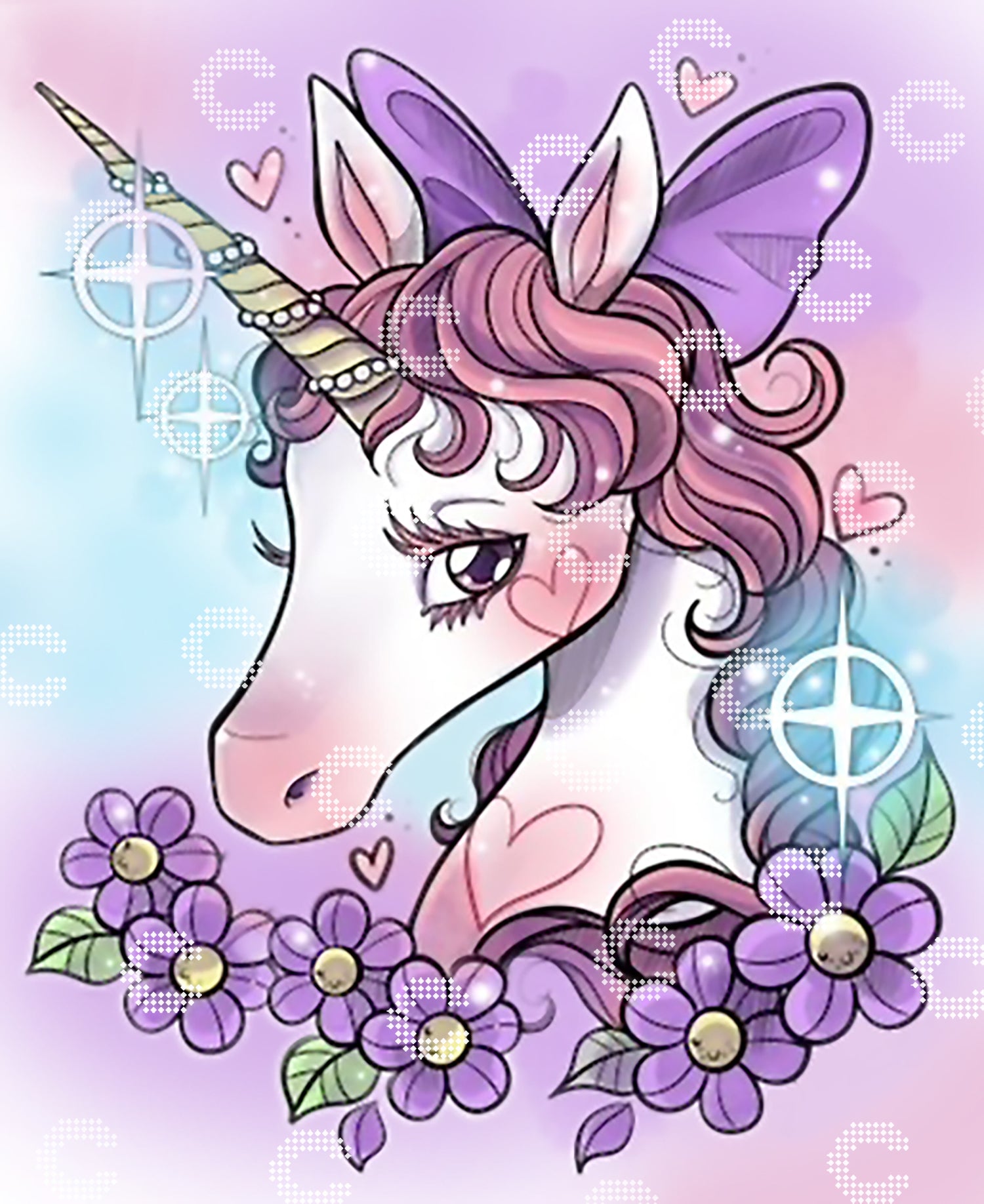Diamond Painting verträumtes Einhorn mit Blumen in zarten Pastelltönen