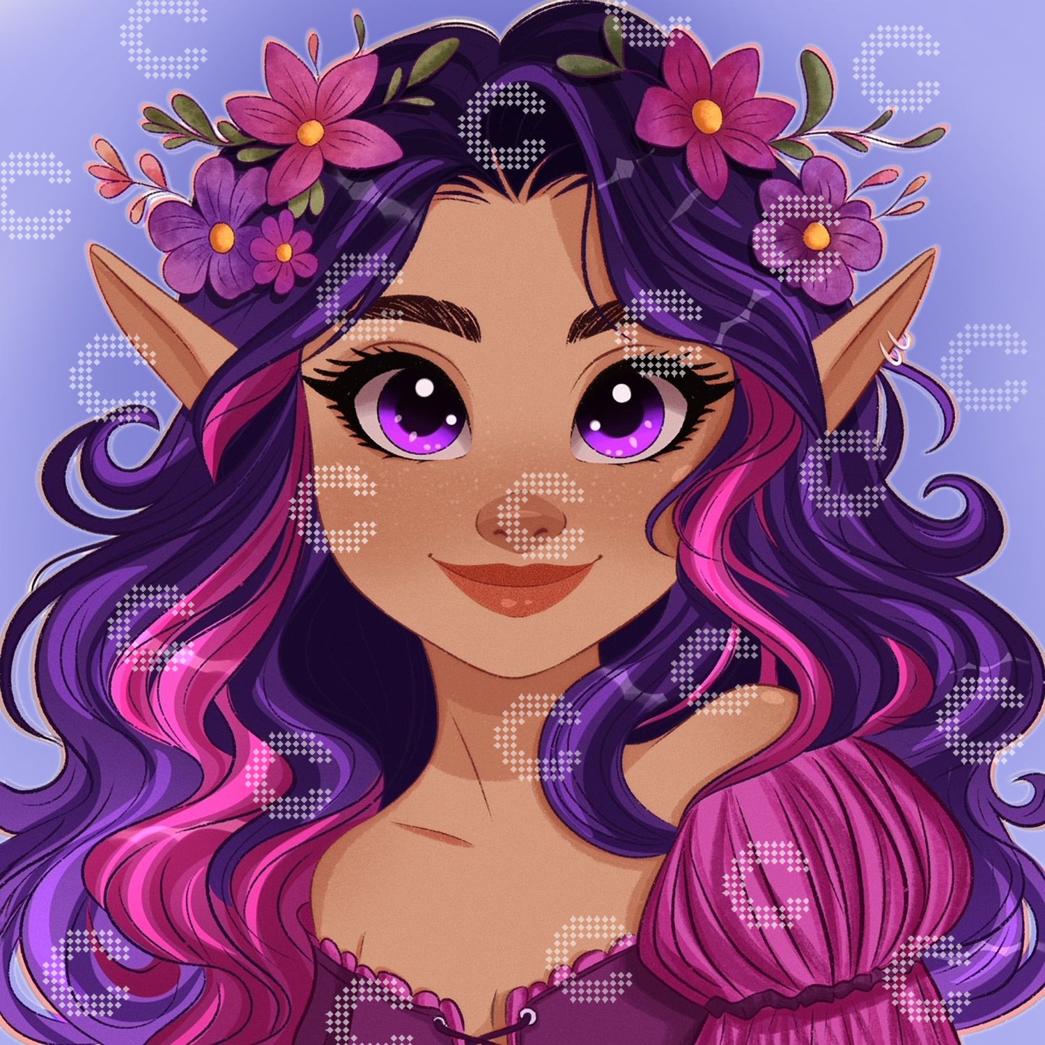 Diamond Painting kleine Elfe mit lila Haaren, pinken Blumen und rosa Kleid