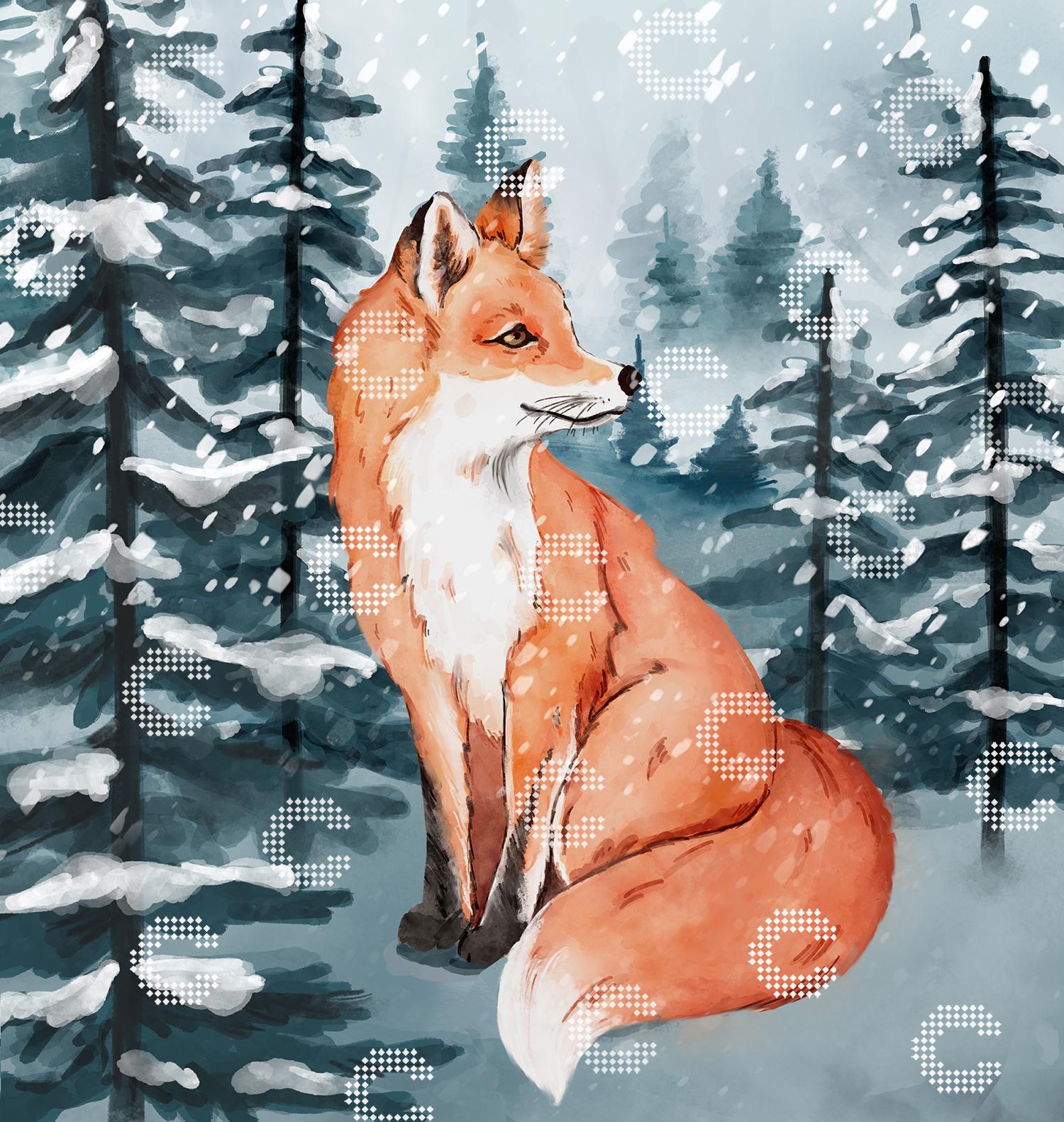 Diamond Painting Fuchs mit dichtem Winterfell im verschneiten Winterwald, umgeben von fallenden Schneeflocken