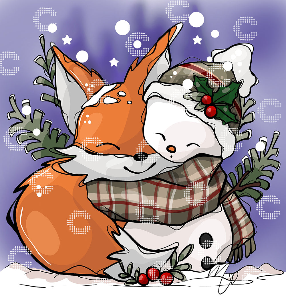 Diamond Painting kleiner Fuchs mit warmem Schal, der sich gemeinsam mit einem süßen Schneemann mit Mütze inmitten fallender Schneeflocken kuschelt, umgeben von Zweigen und Beeren