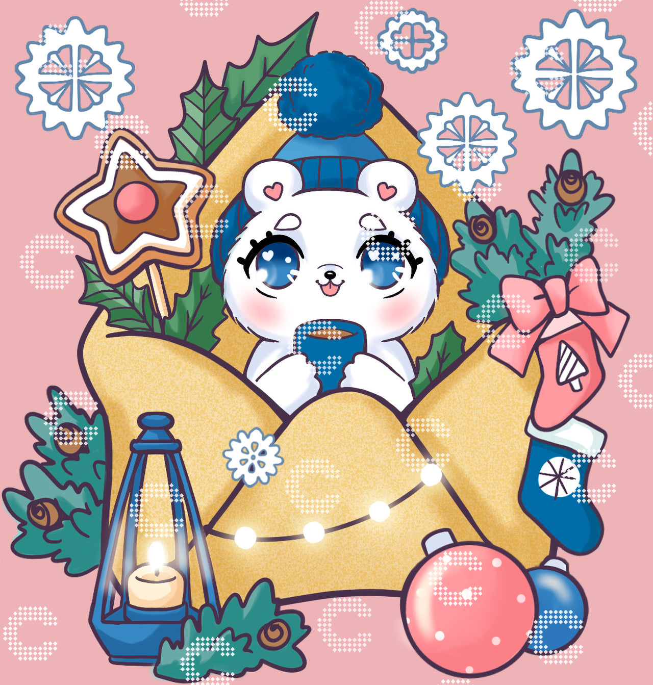 Diamond Painting Originalmotiv mit einem kleinen Eisbären mit blauer Pudelmütze und blauem Becher, der aus einem winterlich dekorierten Briefumschlag schaut, umgeben von Tannenzweigen, Lichterkette, Weihnachtskugeln, Stern, Nikolaus-Socken und einer blauen Laterne, ergänzt durch große glitzernde Schneekristalle