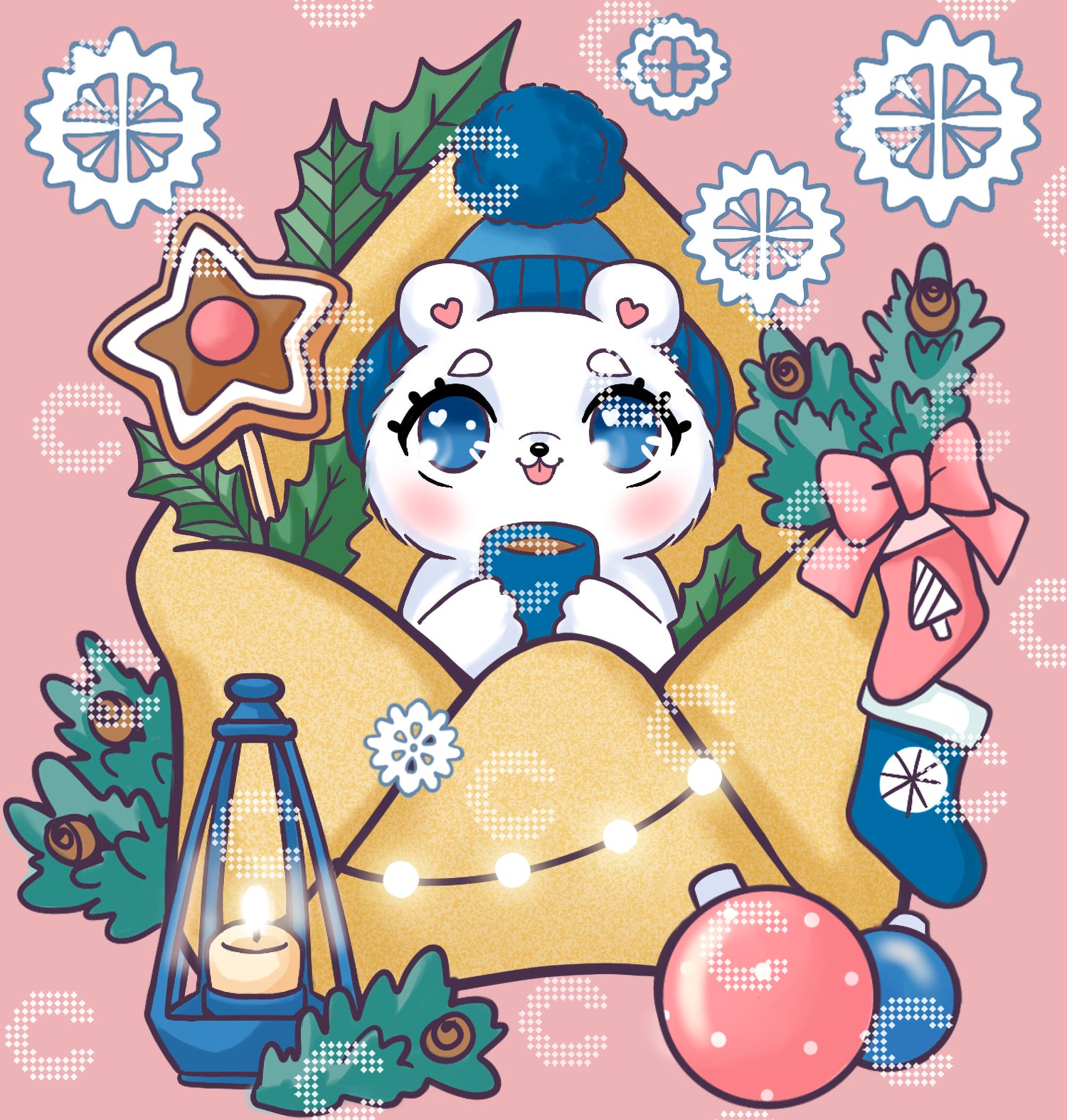 Diamond Painting Originalmotiv mit einem kleinen Eisbären mit blauer Pudelmütze und blauem Becher, der aus einem winterlich dekorierten Briefumschlag schaut, umgeben von Tannenzweigen, Lichterkette, Weihnachtskugeln, Stern, Nikolaus-Socken und einer blauen Laterne, ergänzt durch große glitzernde Schneekristalle