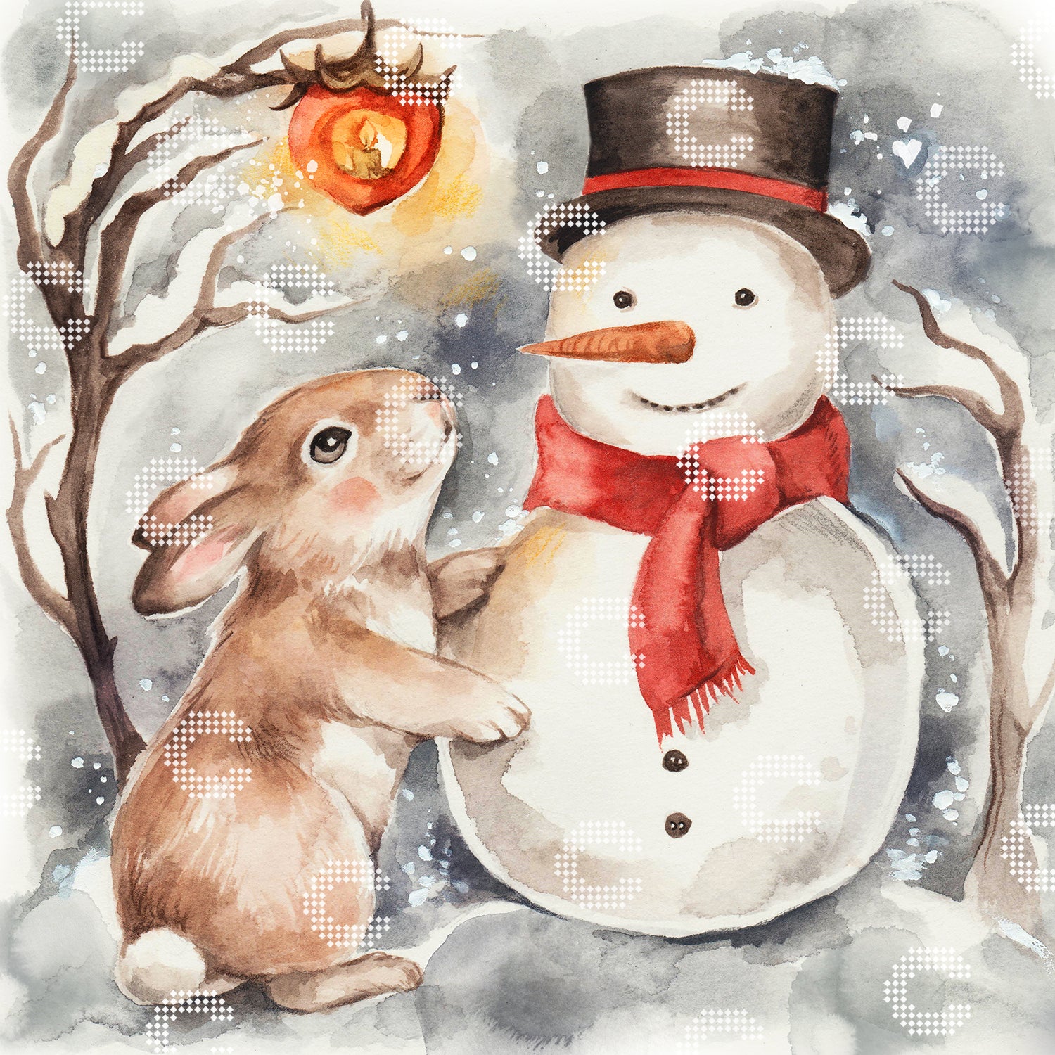 Diamond Painting mit einem kleinen Hasen und einem Schneemann mit Zylinder und Schal, die unter einer Laterne an einem Ast in einer stimmungsvollen Winternacht stehen