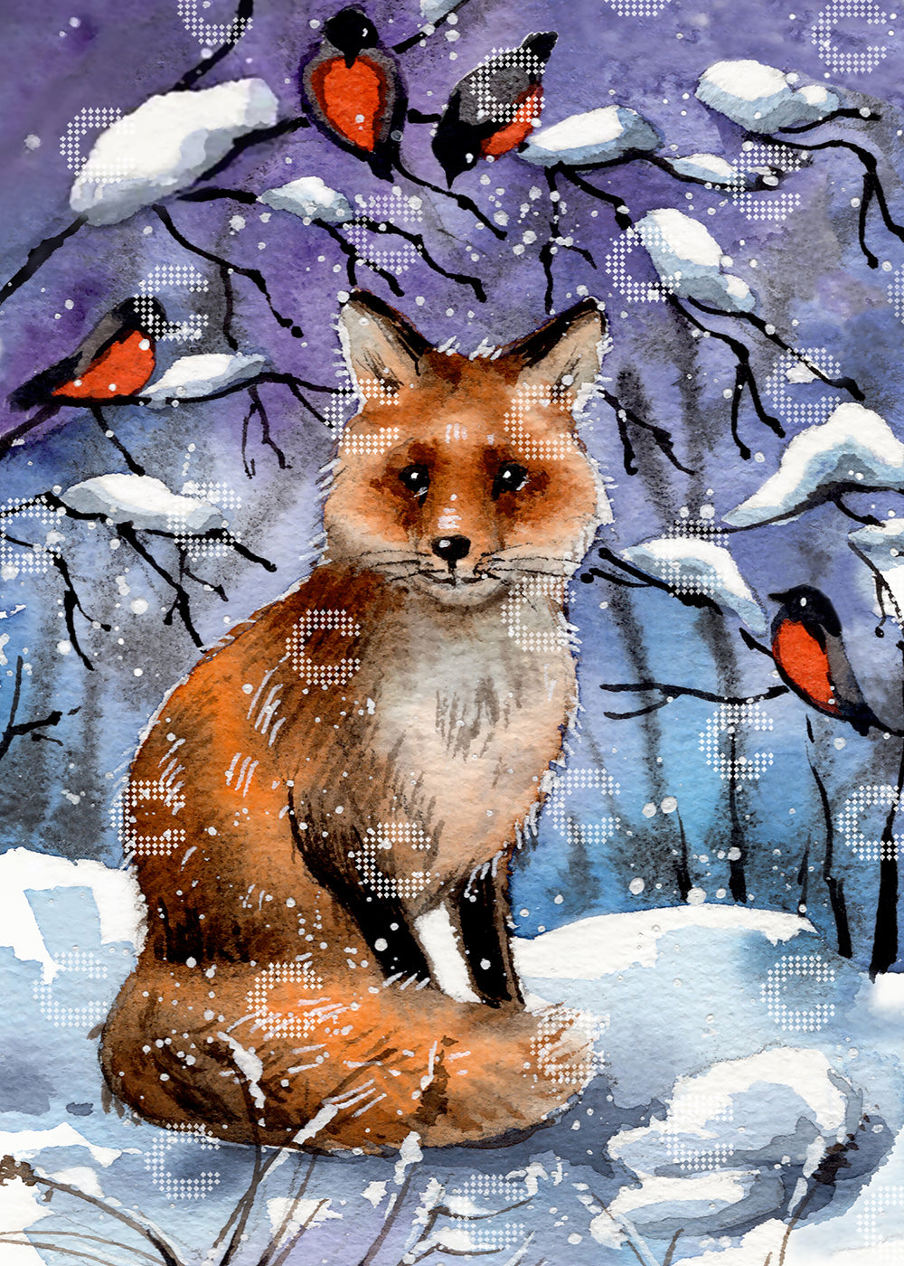 Diamond Painting Fuchs im verschneiten Winterwald, sitzend unter schneebedeckten Zweigen und umgeben von kleinen Vögeln