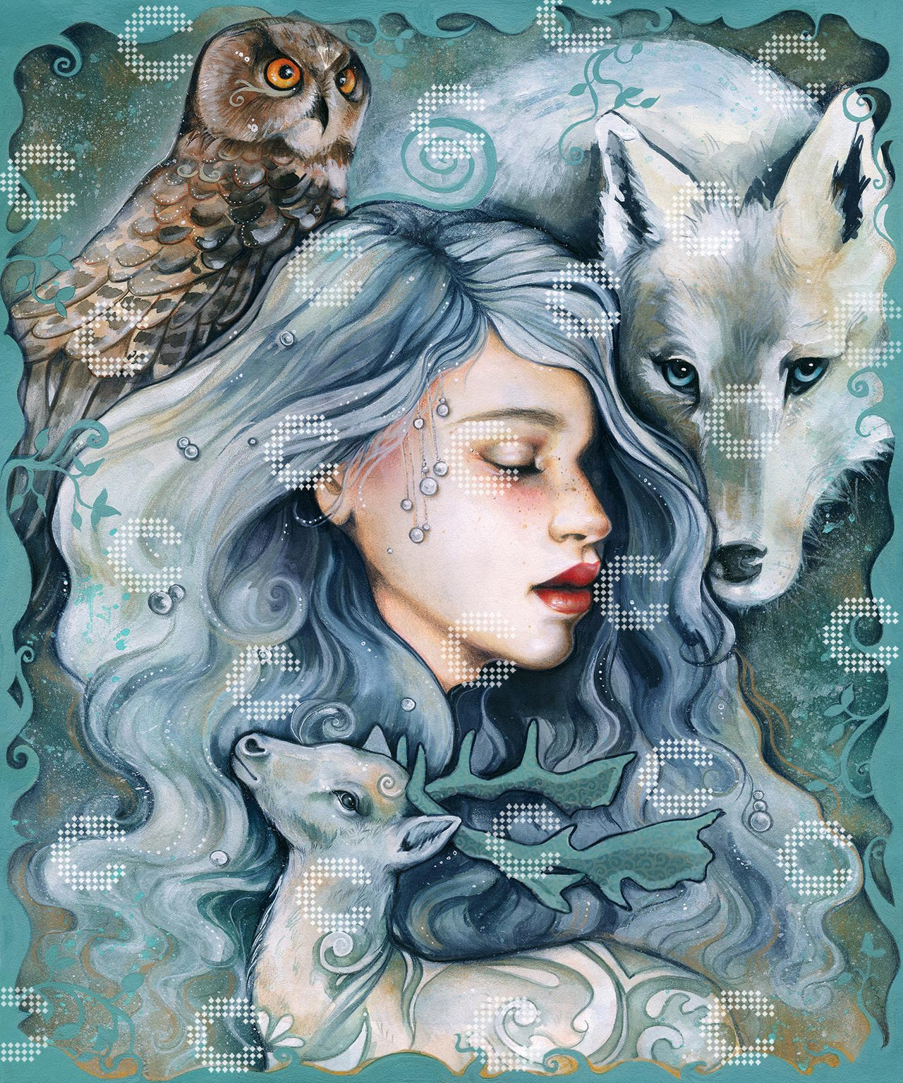 Diamond Painting Winterfee mit geschlossenen Augen, begleitet von weißem Wolf, weißem Hirsch und Eule