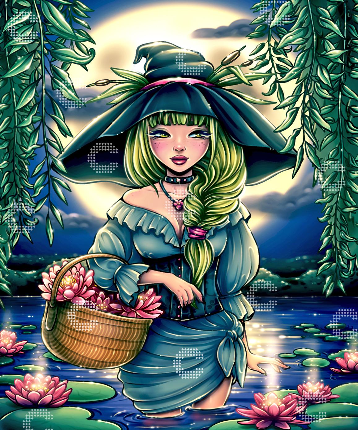 Diamond Painting Mädchen mit großem Hexenhut im Seerosensee und Korb in verwunschener Landschaft