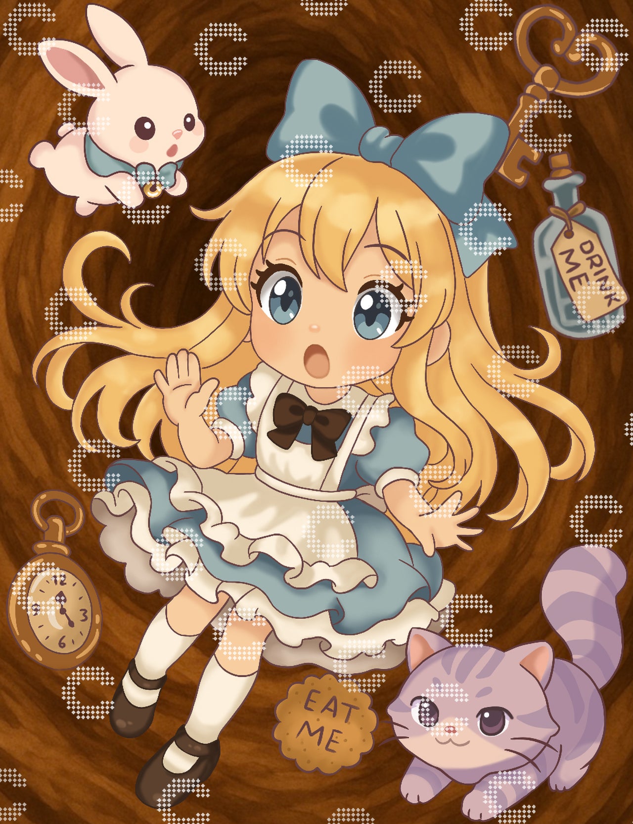 Diamond Painting mit der kleinen Alice aus dem Wunderland, die gerade in den Kaninchenbau fällt, umgeben vom weißen Hasen, der Grinsekatze, einem „Drink Me“-Fläschchen, einem „Eat Me“-Keks und einer Taschenuhr
