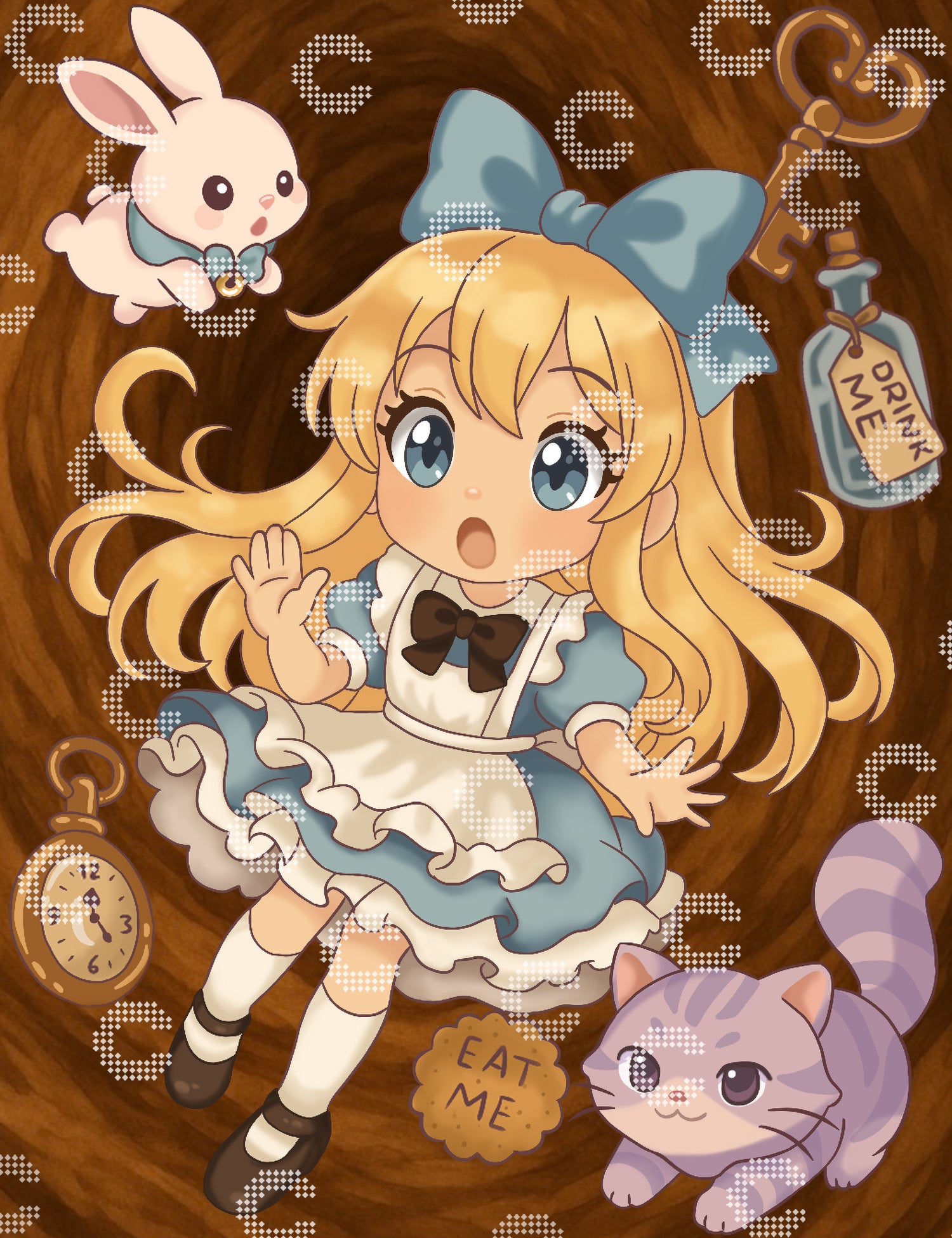 Diamond Painting mit der kleinen Alice aus dem Wunderland, die gerade in den Kaninchenbau fällt, umgeben vom weißen Hasen, der Grinsekatze, einem „Drink Me“-Fläschchen, einem „Eat Me“-Keks und einer Taschenuhr