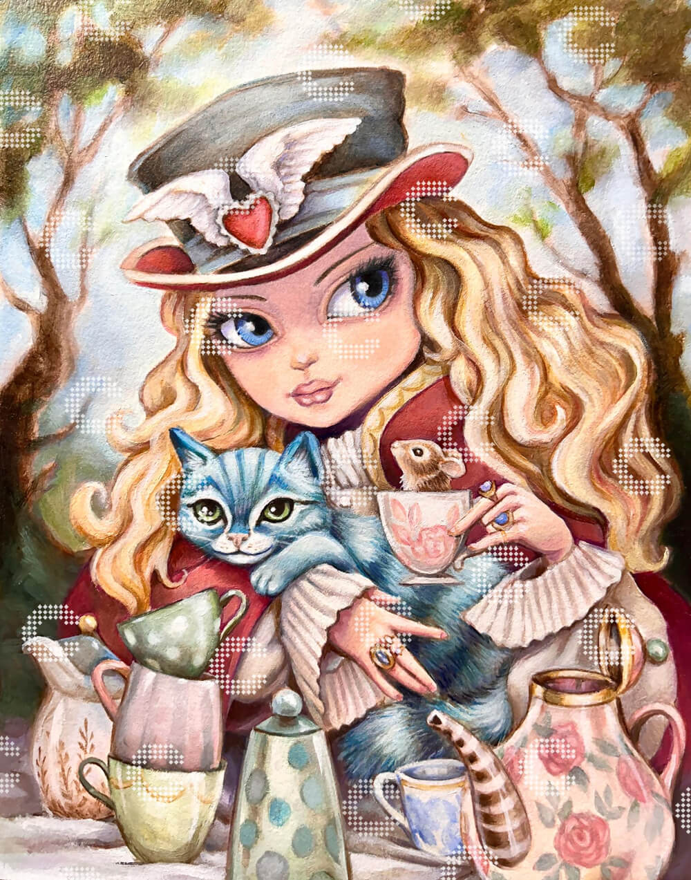 Diamond Painting Alice im viktorianischen Gewand mit Hut bei einer märchenhaften Teeparty mit Grinsekatze, kleiner Maus und kunstvoll verzierten Teetassen und Kannen