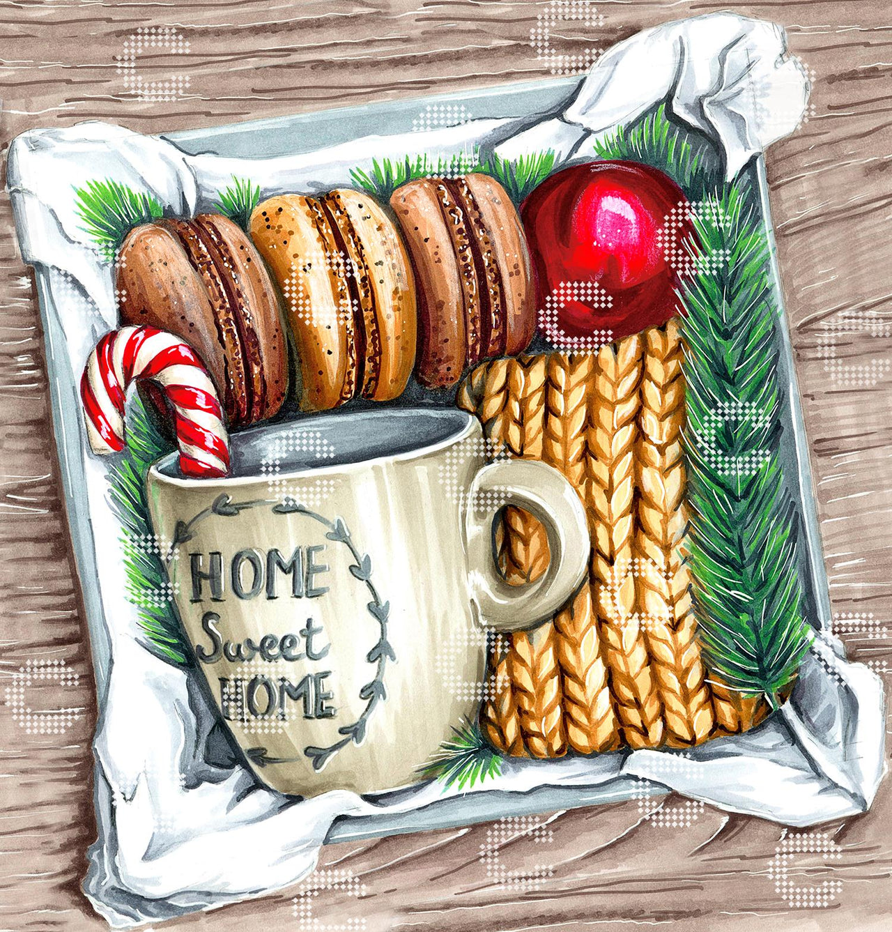 Diamond Painting weihnachtliche Geschenkbox mit köstlichen Keksen, einer Tasse mit Zuckerstange und einem gestrickten Handwärmer, verziert mit roter Weihnachtskugel und Tannenzweigen