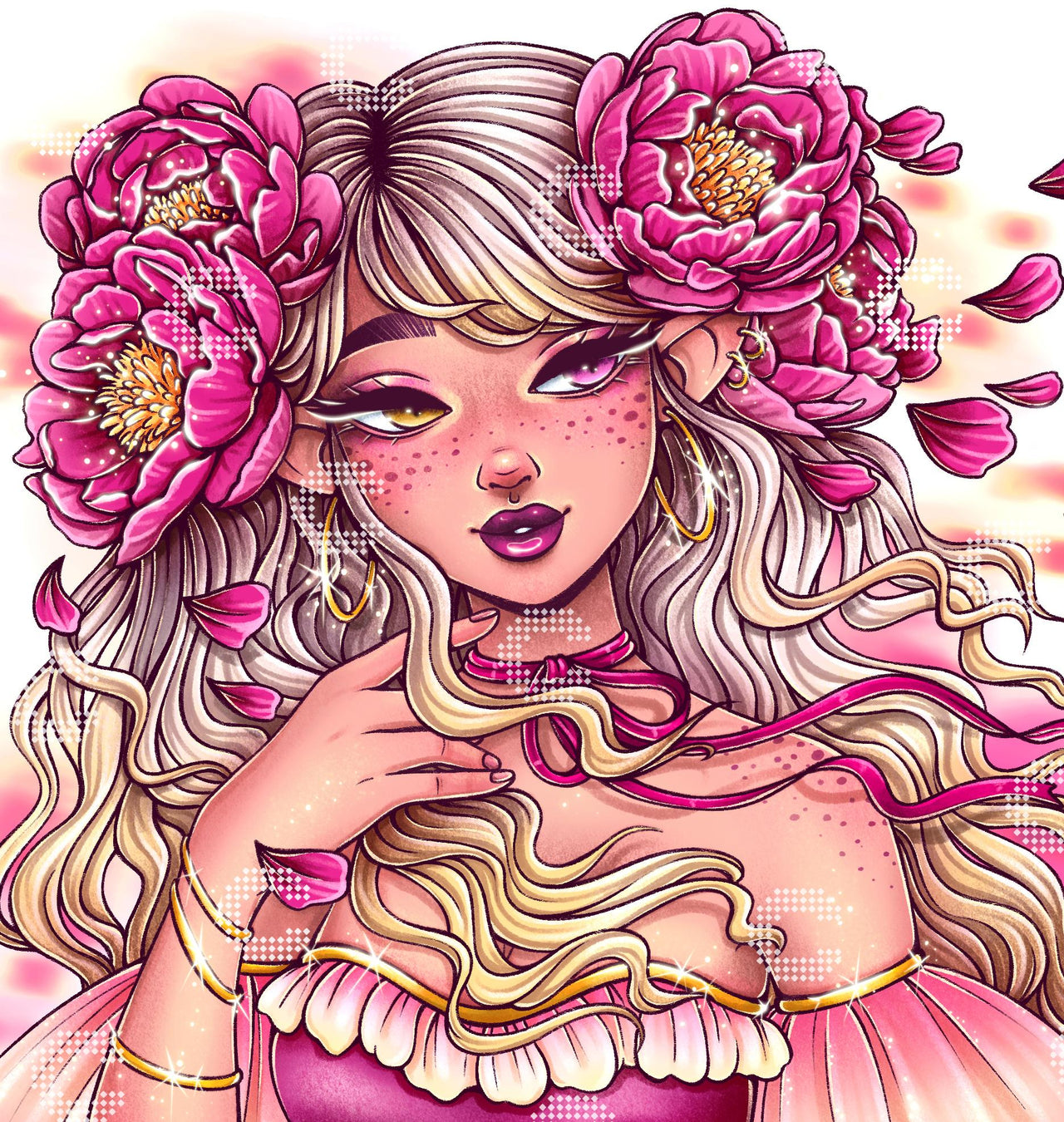 Diamond Painting Elfenmädchen mit spitzen Ohren und pinken Pfingstrosen im blonden Haar