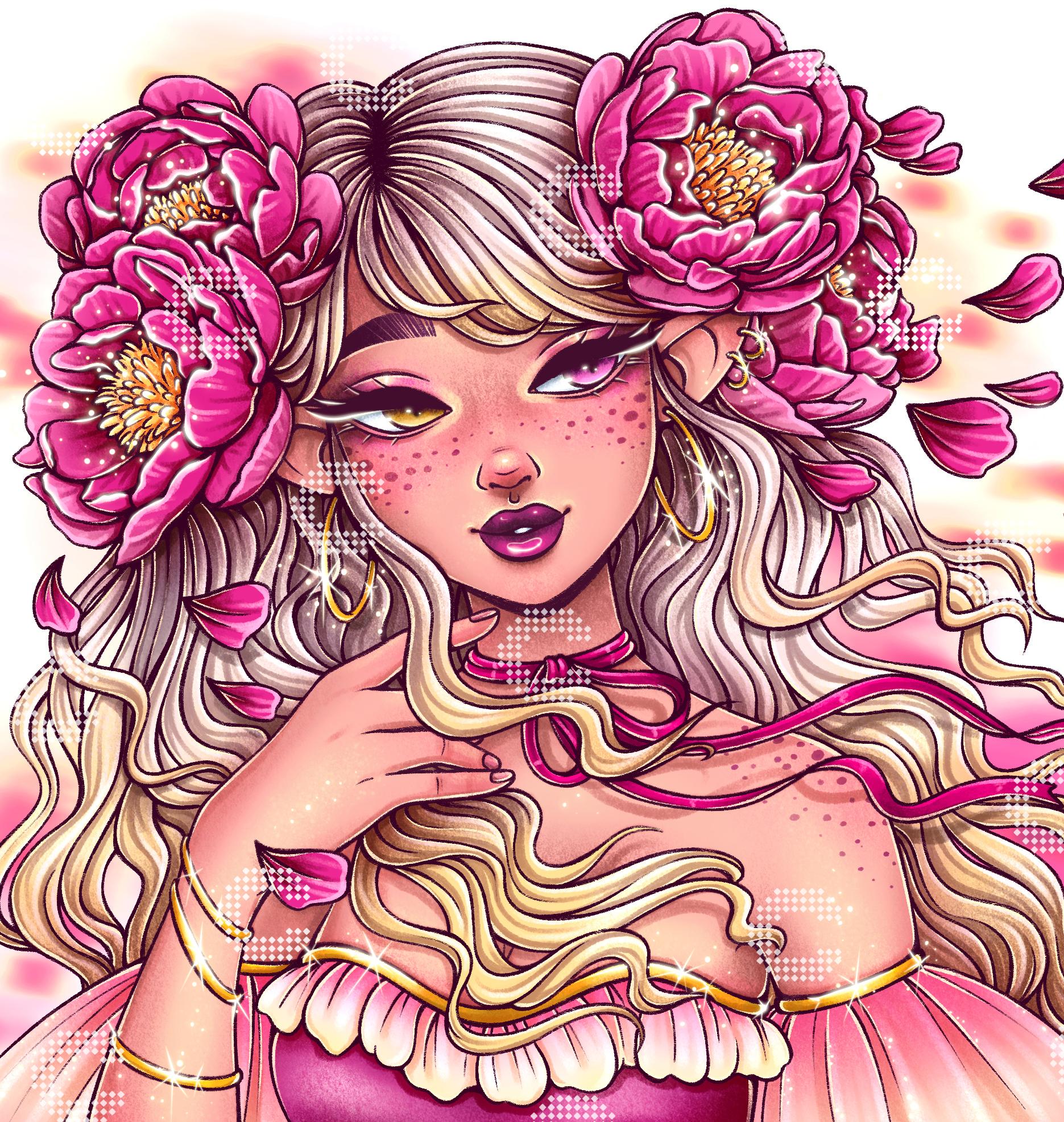 Diamond Painting Elfenmädchen mit spitzen Ohren und pinken Pfingstrosen im blonden Haar
