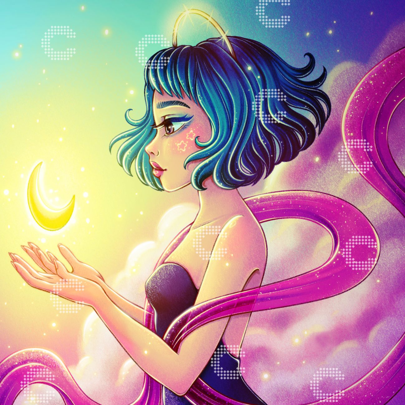 Diamond Painting Mädchen in den Wolken mit Mond in den Händen und Himmel in warmen Farben