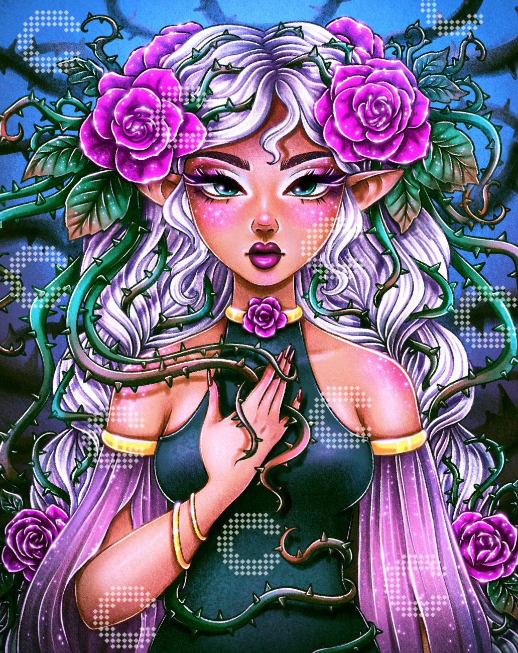 Diamond Painting Mädchen mit langen weiß-lila Haaren, geschmückt mit pinkfarbenen Rosen und umschlungen von Dornenranken