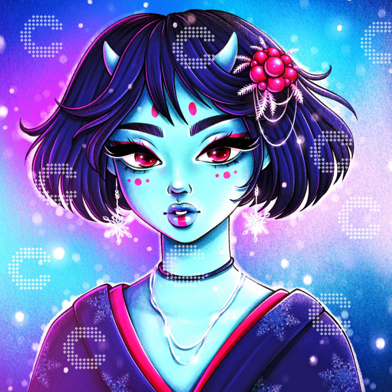 Diamond Painting dämonisches Mädchen mit Hörnern, schwarzen Haaren, rotem Kimono und leuchtend roten Augen