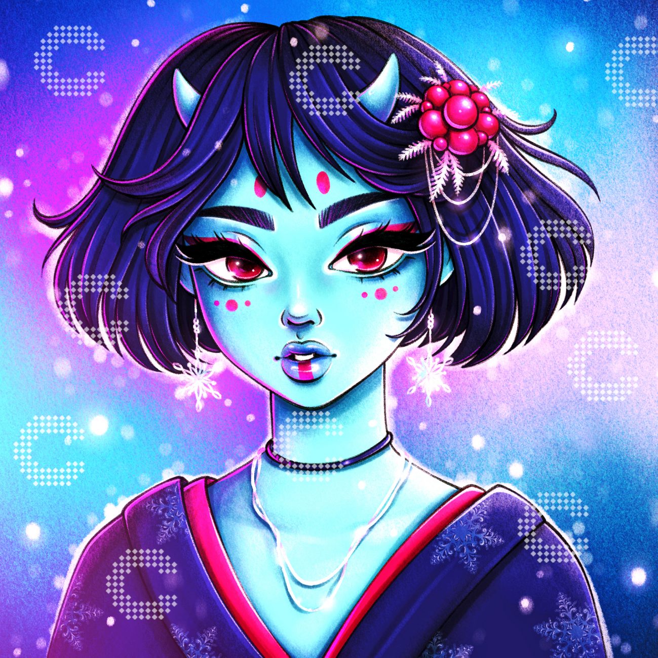 Diamond Painting dämonisches Mädchen mit Hörnern, schwarzen Haaren, rotem Kimono und leuchtend roten Augen