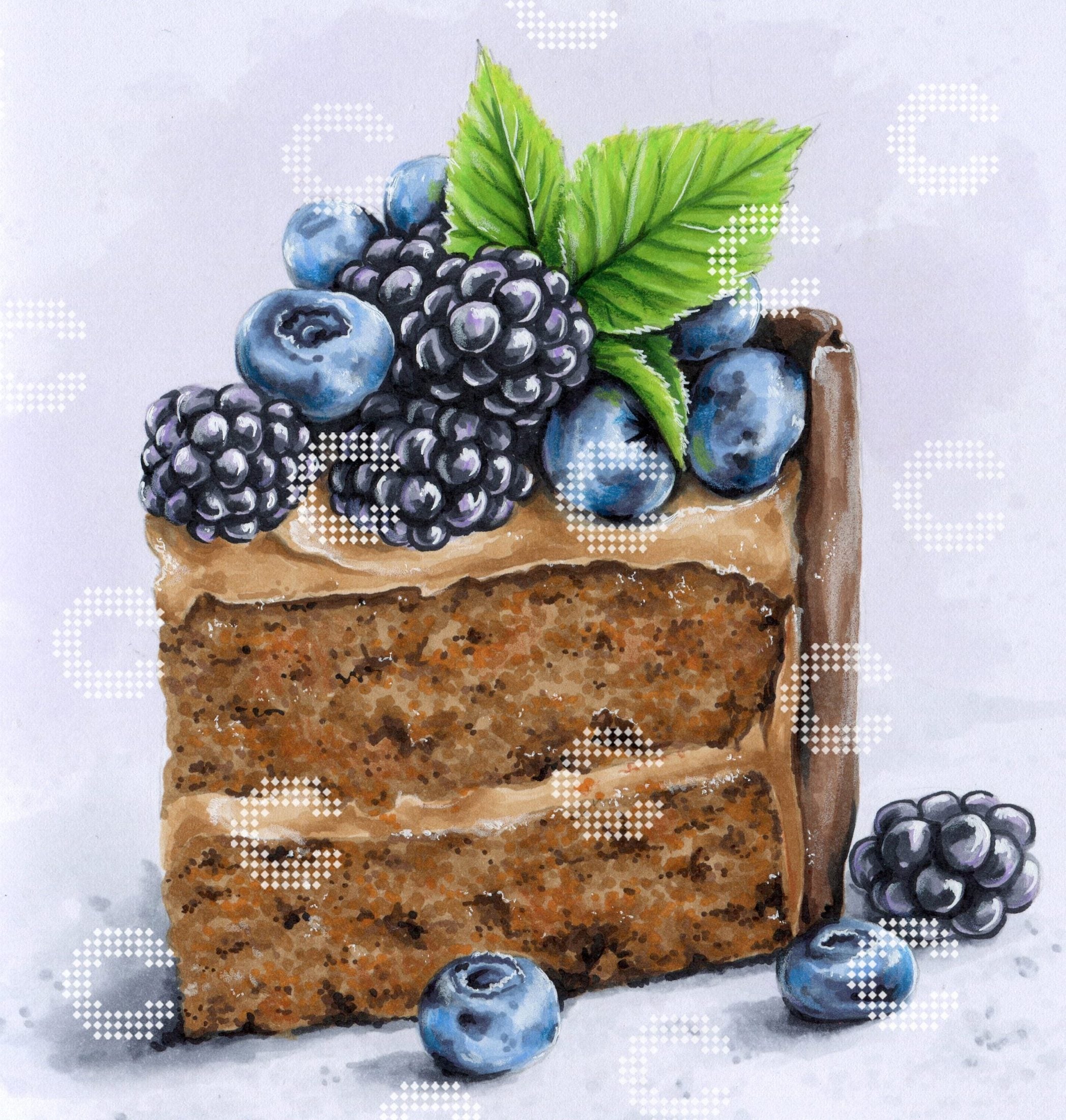 Diamond Painting köstliche Schokotorte mit saftigen Brombeeren, Blaubeeren und einem frischen Minzblatt