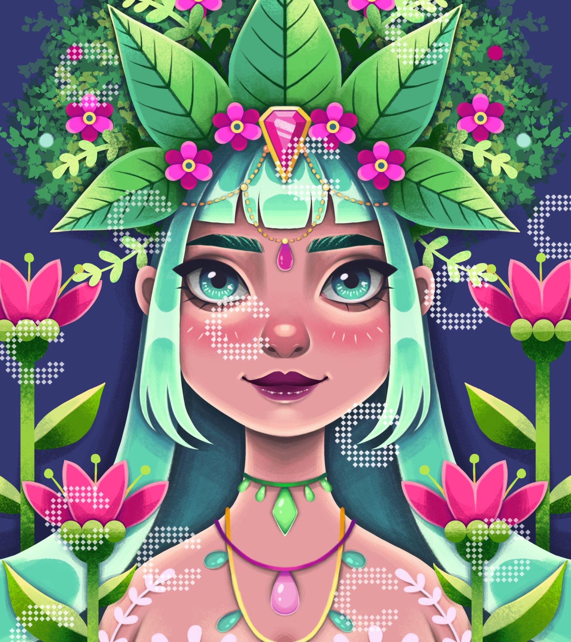 Diamond Painting exotische Schönheit mit Blätter- und Blütenkrone und kunstvoller Körperbemalung, umgeben von üppigen tropischen Blumen und Blättern