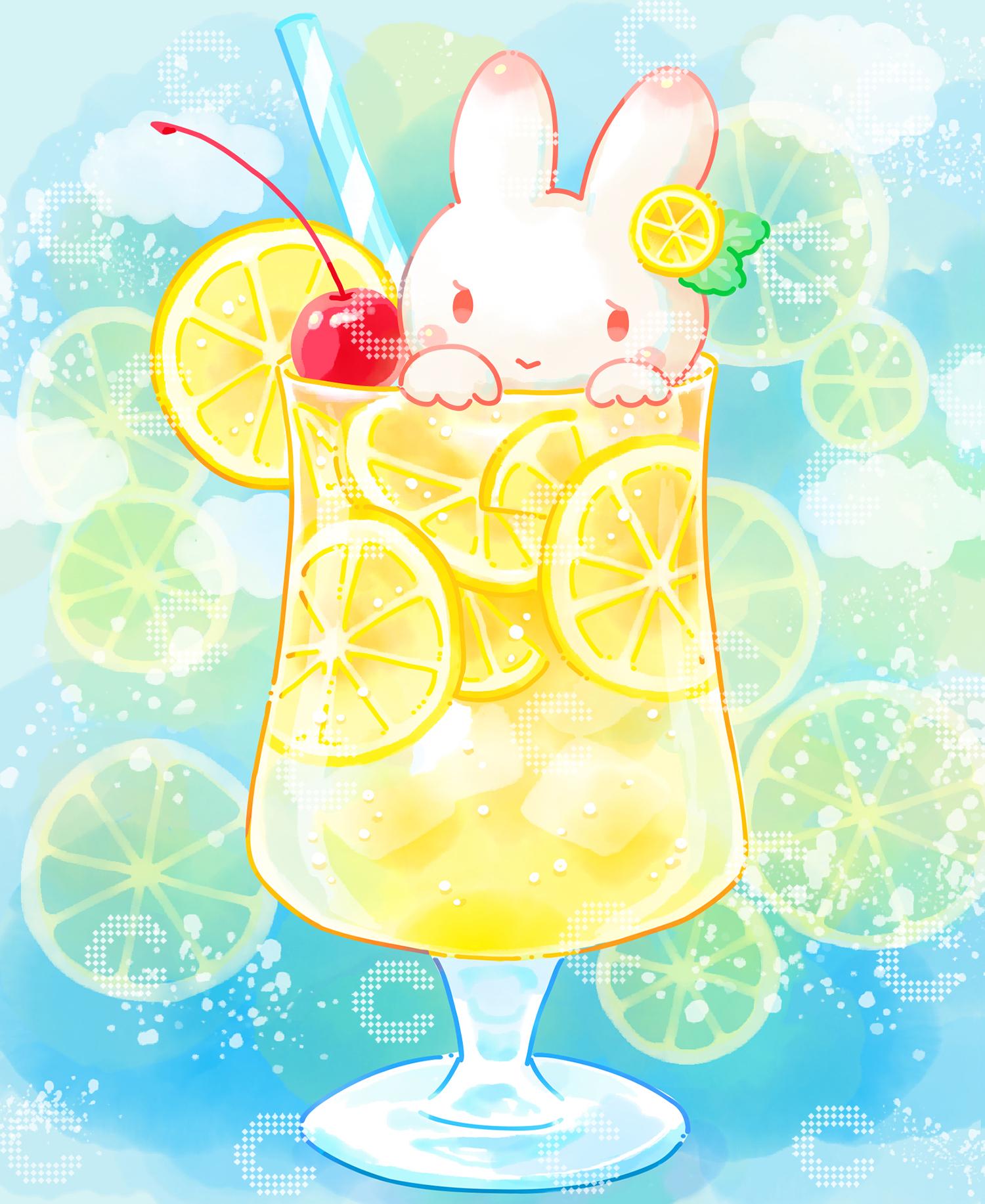 Diamond Painting von Hiroko mit niedlichem weißem Häschen in einem Glas Zitronenlimonade, Zitronenscheiben und Eiswürfeln