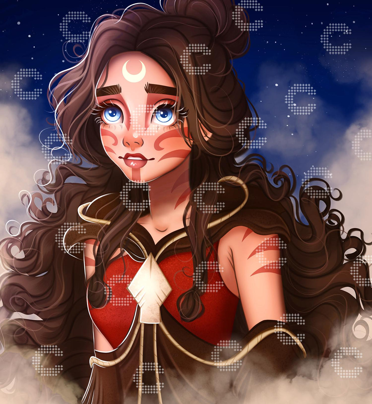 Diamond Painting mystisches Mädchen in einem leuchtend roten Kleid, umgeben von einem Meer aus Sternen und sanftem Nebel in einer geheimnisvollen Nacht