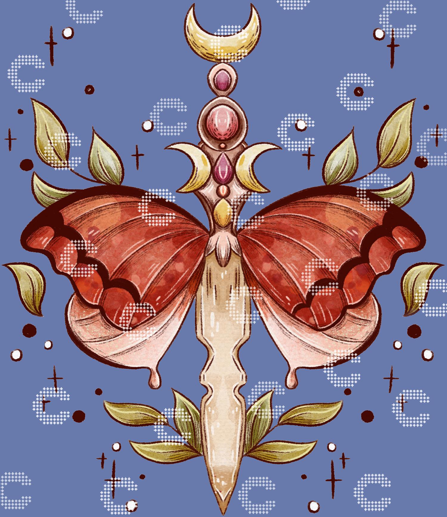 Diamond Painting geflügelter Dolch mit zarten Schmetterlingsflügeln, rotem Juwel, Mondsymbol, goldenen Blättern und funkelnden Sternen