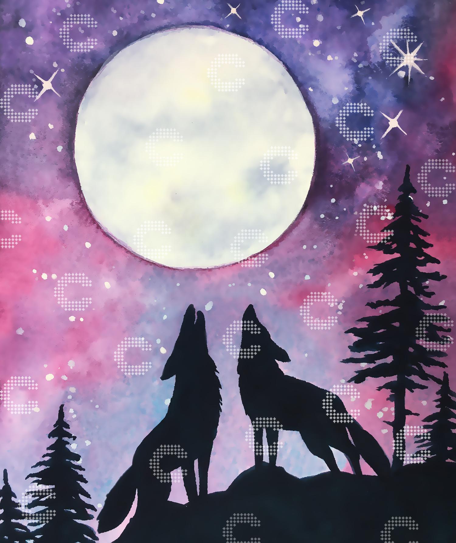 Diamond Painting zwei Wölfe als Silhouetten, die vor einem riesigen Vollmond in einer magischen Nacht den Mond anheulen
