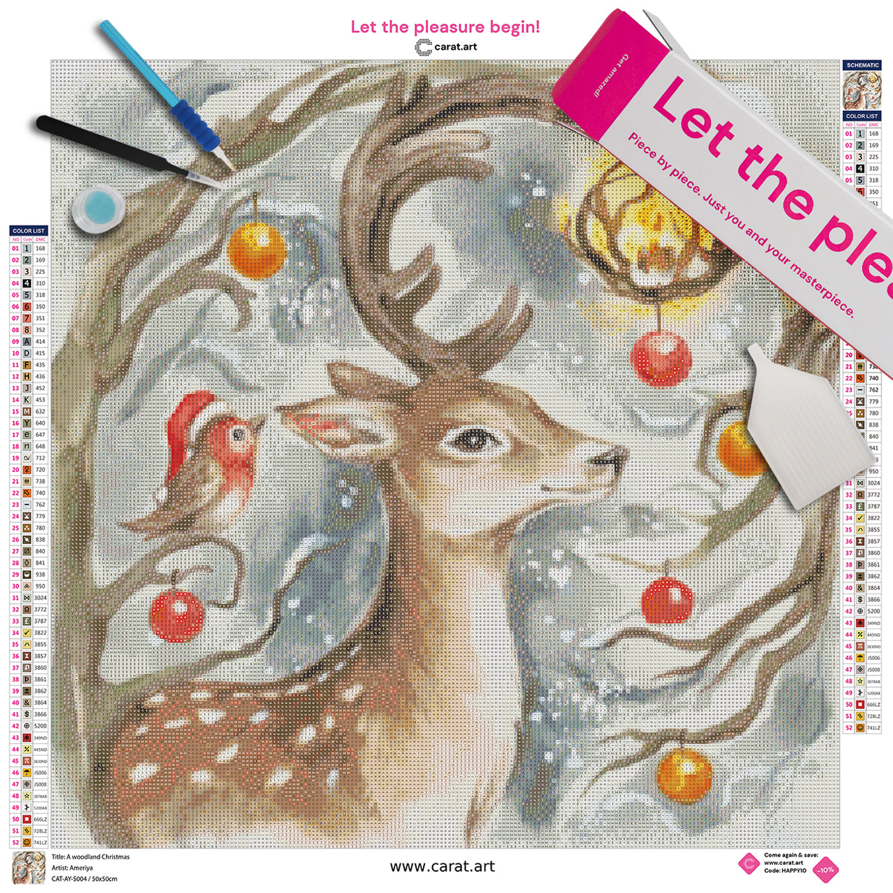 Diamond Painting Set mit Hirsch, Rotkehlchen mit Weihnachtsmannmütze, leuchtender Kerze und verschneiten, festlich geschmückten Zweigen inklusive Leinwand, Carat Art Karton und hochwertigem Zubehör