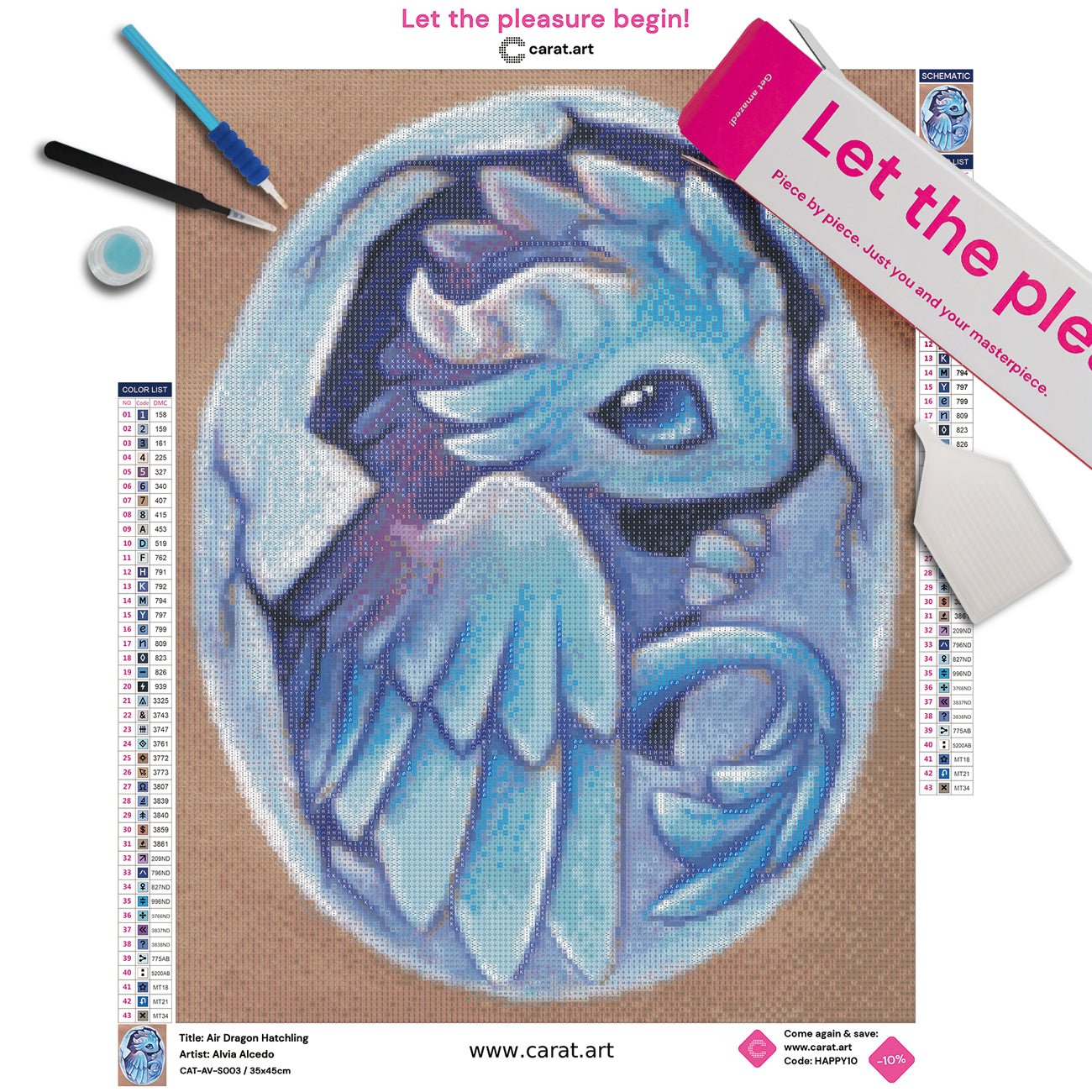 Diamond Painting Set mit kleinem hellblauen Drachen beim Schlüpfen aus einem hellblauen Ei inklusive Leinwand, Carat Art Karton und hochwertigem Zubehör