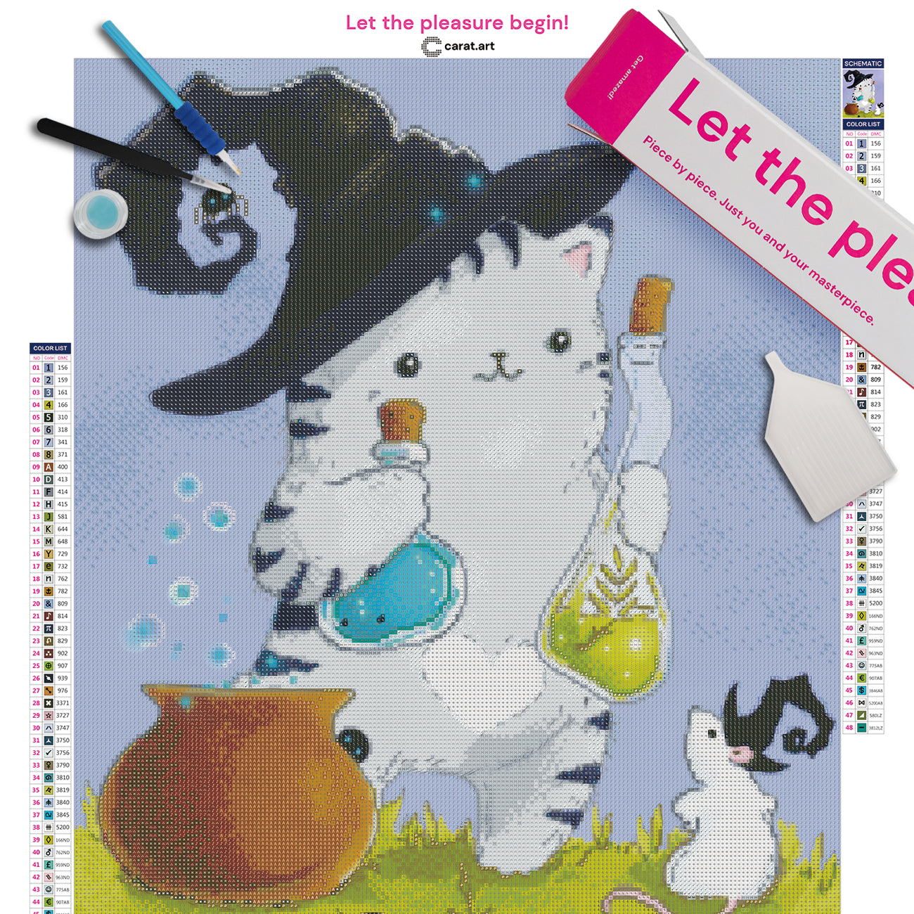 Diamond Painting Set mit zauberhaftem Katzenmotiv, Leinwand, Verpackung und Zubehör