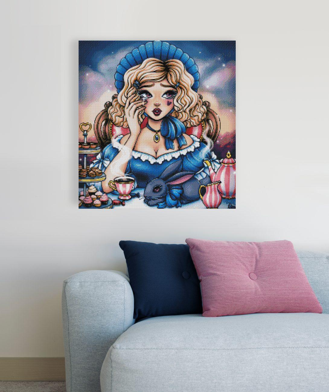 Premium Diamond Painting Set mit Alice, schwarzem Kaninchen und Teeparty, Leinwand und hochwertigem Zubehör