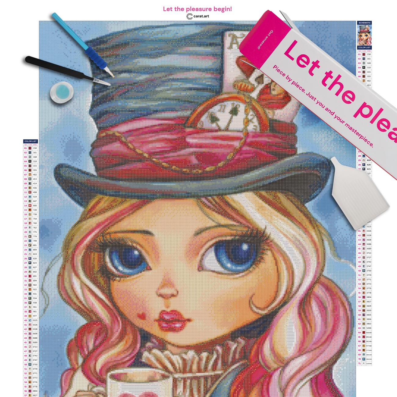 Diamond Painting Set mit Alice, Herztasse, Spielkarten und Taschenuhr inklusive Leinwand, Carat Art Karton und hochwertigem Zubehör