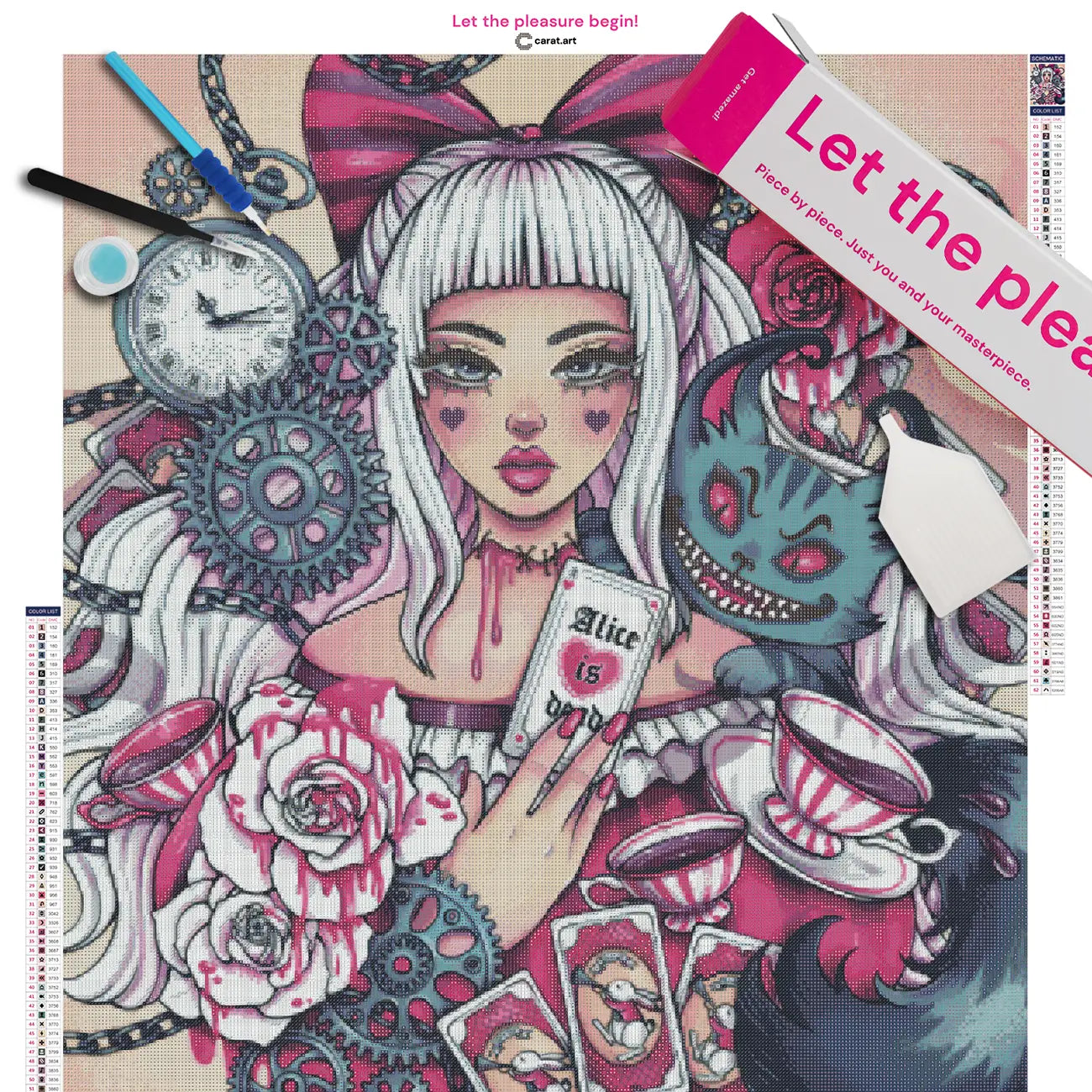 Diamond Painting Set mit Alice und der Grinsekatze in einer geheimnisvollen Wunderland-Szene mit Teeparty und Kartenspiel inklusive Leinwand, Carat Art Karton und hochwertigem Zubehör