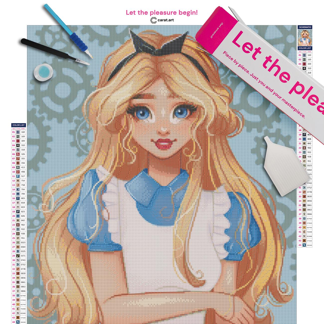 Diamond Painting Set mit Alice, goldenen Locken und zahlreichen Zahnrädern als außergewöhnliches Fantasiemotiv inklusive Leinwand, Carat Art Karton und hochwertigem Zubehör